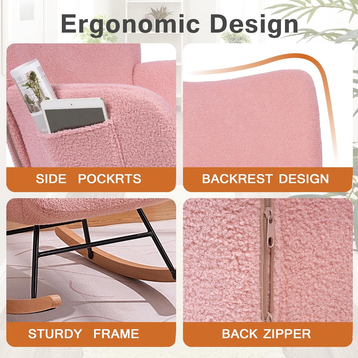 VECELO Rocking Chair, Modern Upholstered Teddy Fabric Nursery Glider