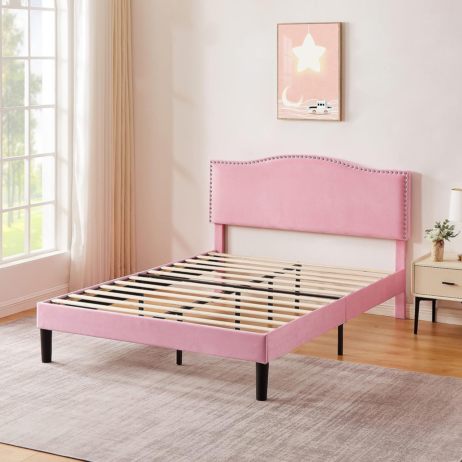 VECELO Bed Frame Platform with Upholstered Headboard & Wooden Slats Support - VECELO