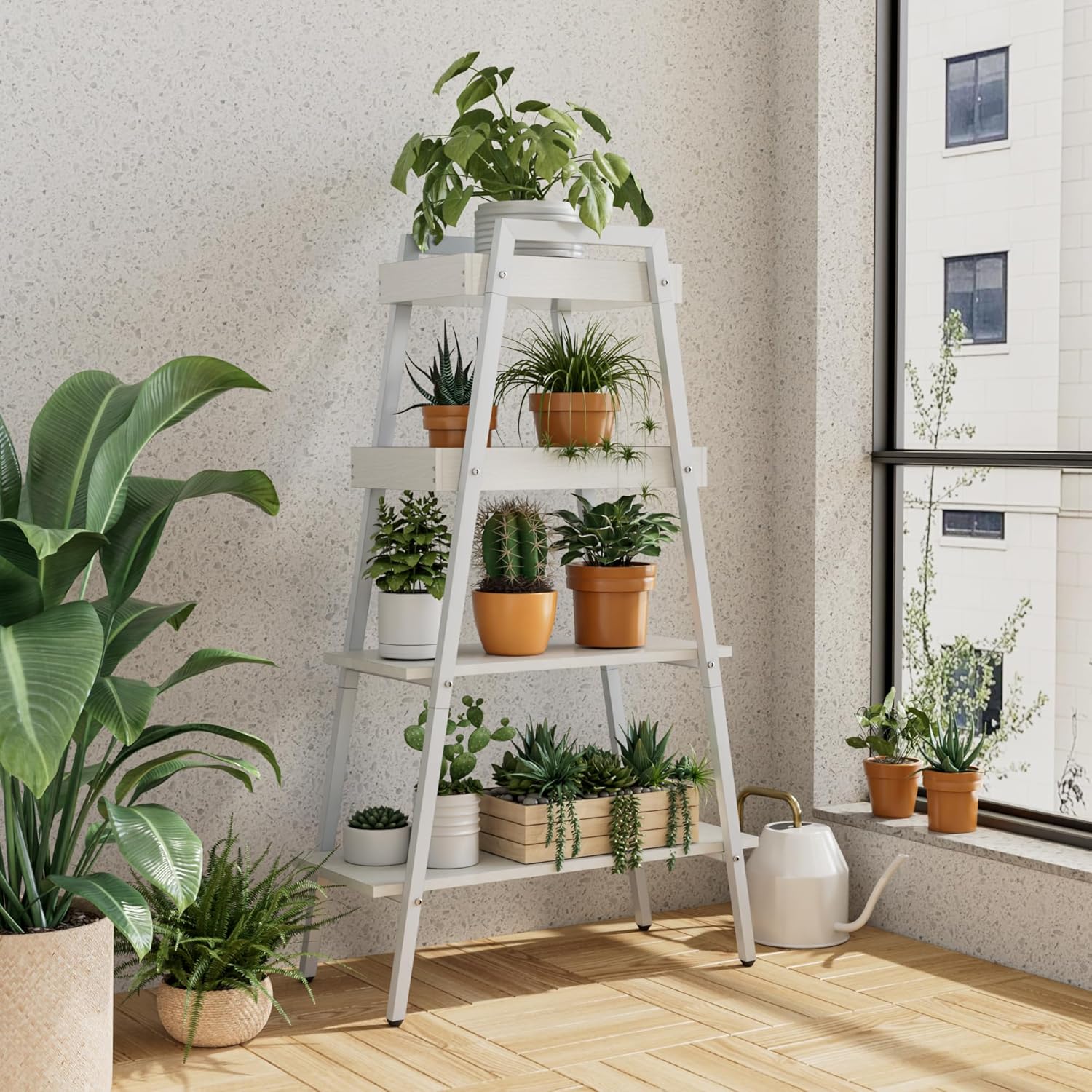 VECELO Ladder Shelf/Display Shelf 4 Tier Storage Bookcase Rack Wood & Steel