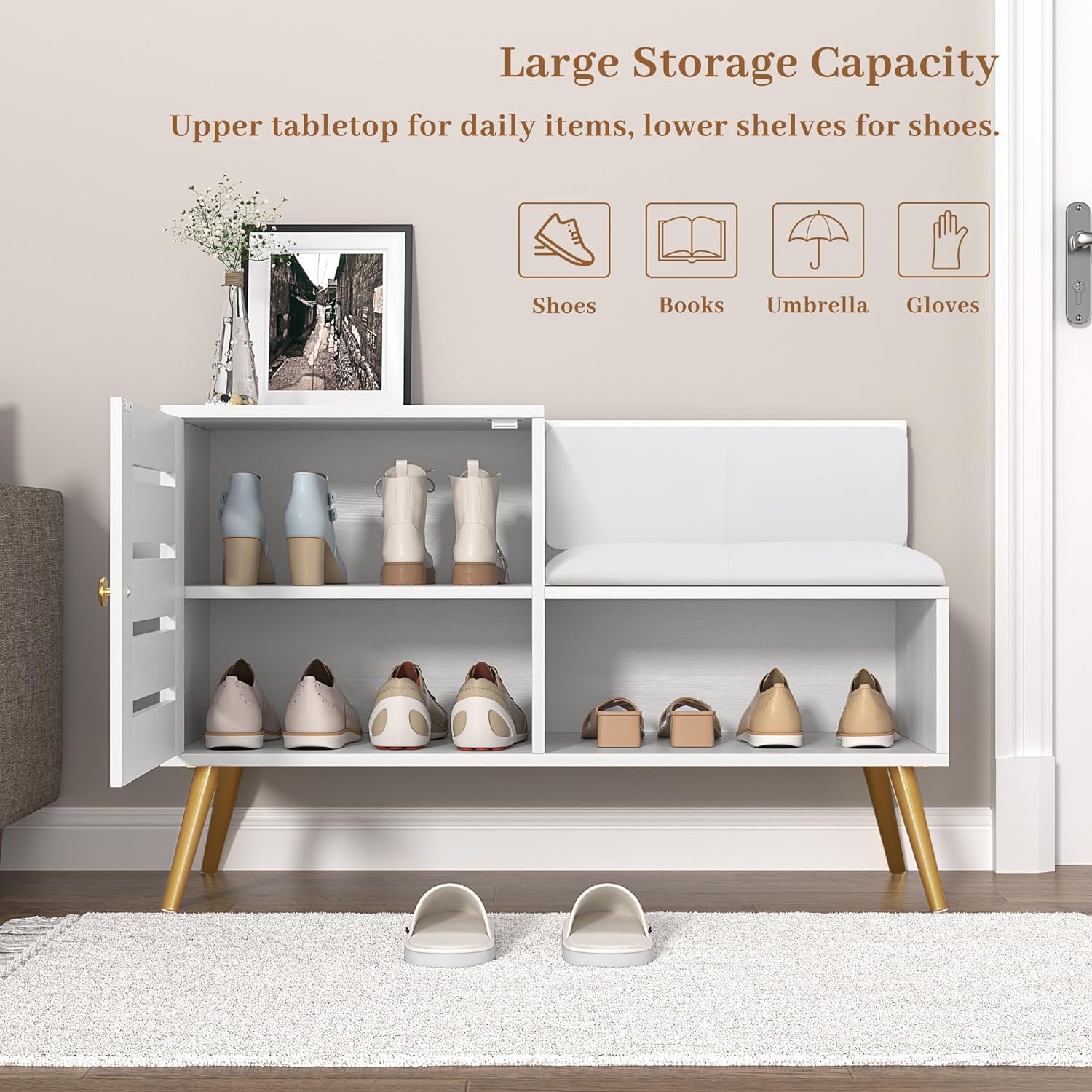 VECELO Entryway Bench with Storage Shoe Cabinet & Adjustable Shelf Louvered Door Removable PU Seat Cushion and Backrest