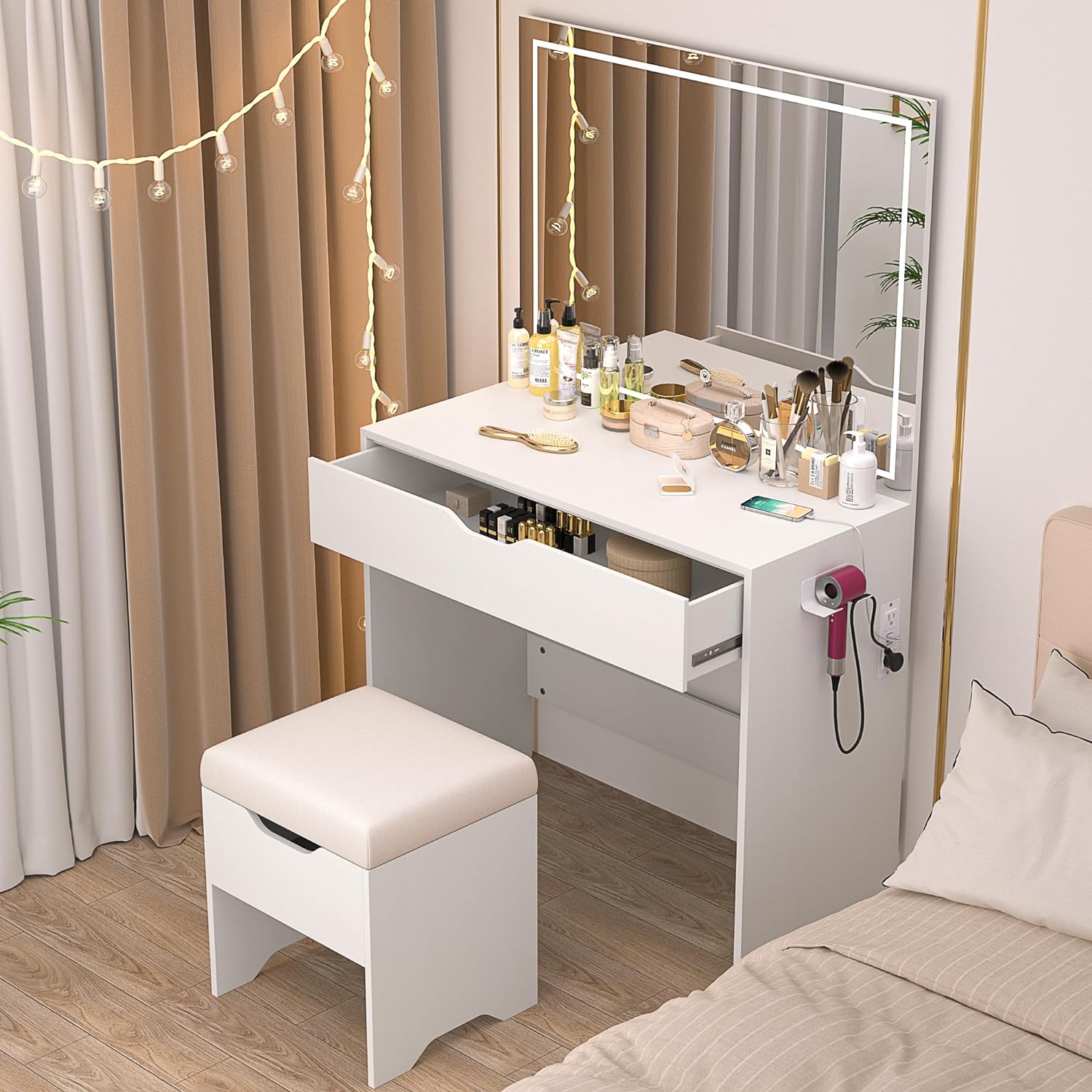 Vanity Desk Set with LED Adjustable Lighted Mirror & Power Outlet