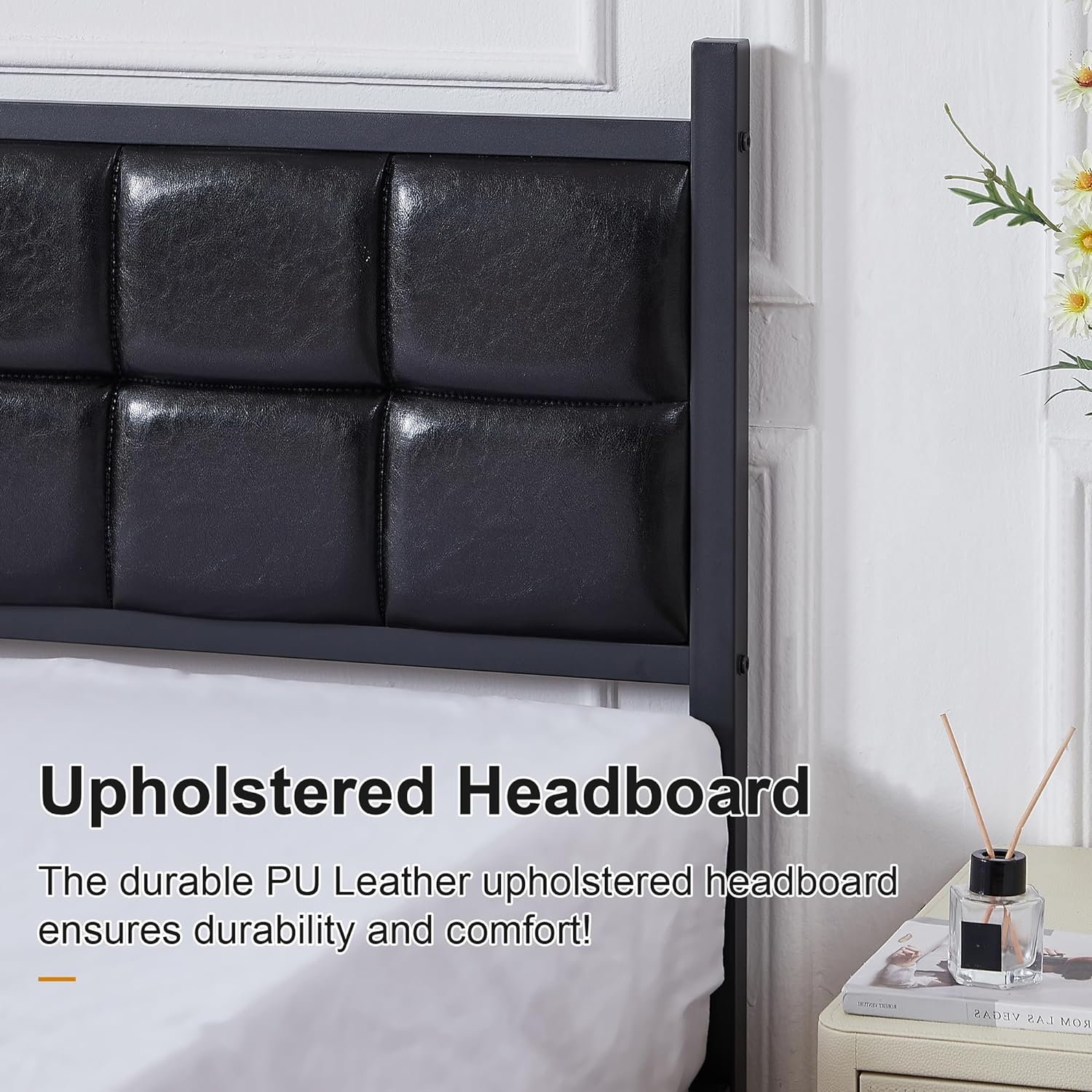 VECELO Bed Frame with PU Upholstered Headboard Metal Slats Support, No Box Spring Needed - VECELO