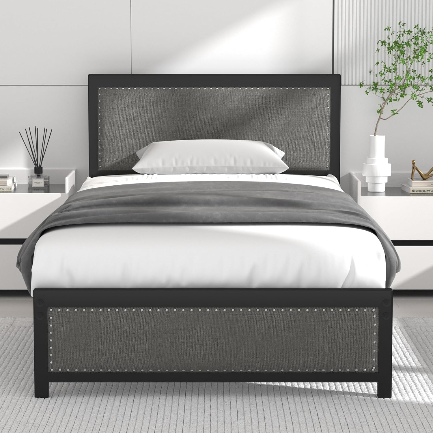 VECELO Bed Frame with Linen Fabric Headboard and Footboard No Box Spring Needed - VECELO