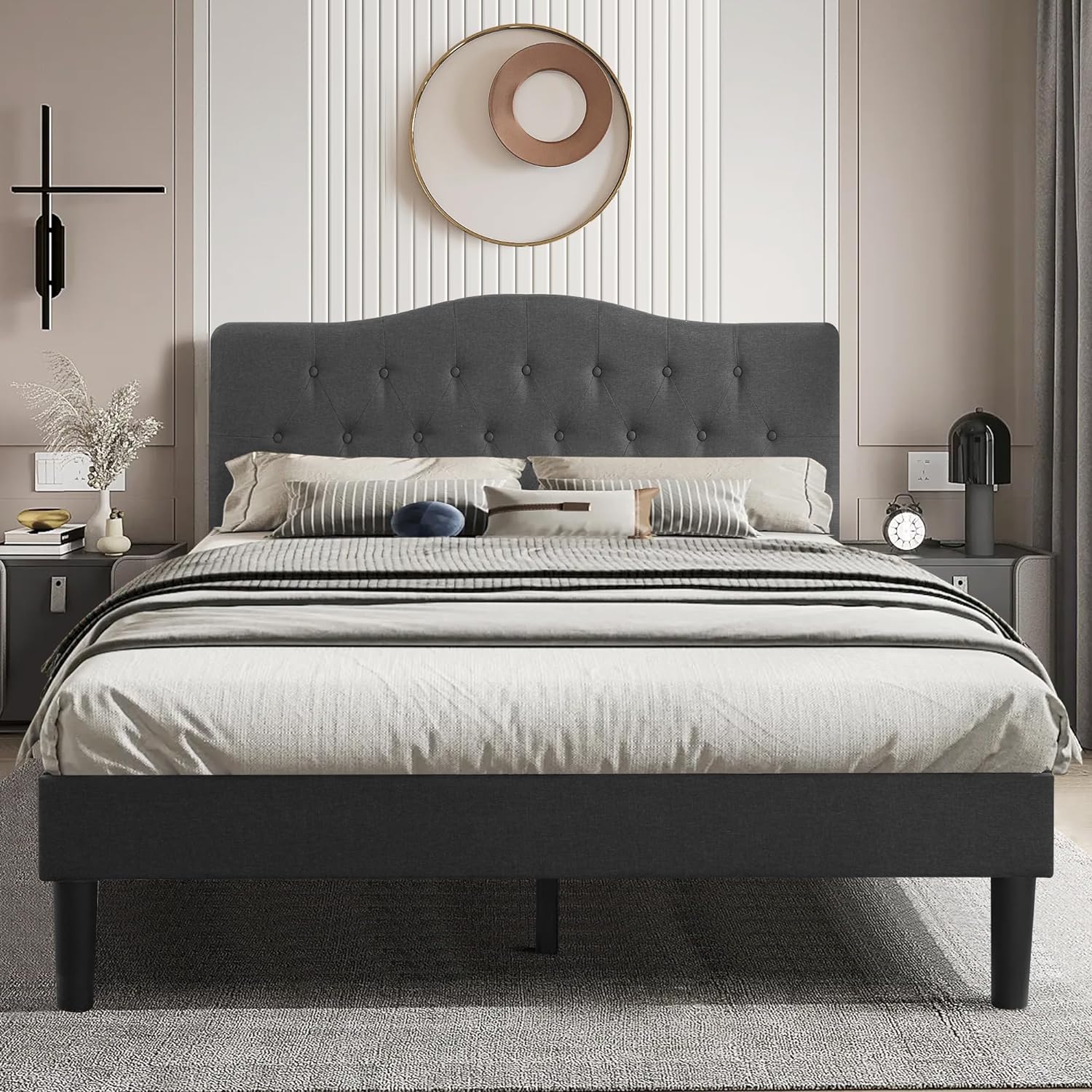 VECELO Classic Upholstered Platform Bed Frame with Diamond Stitched Cloth - VECELO