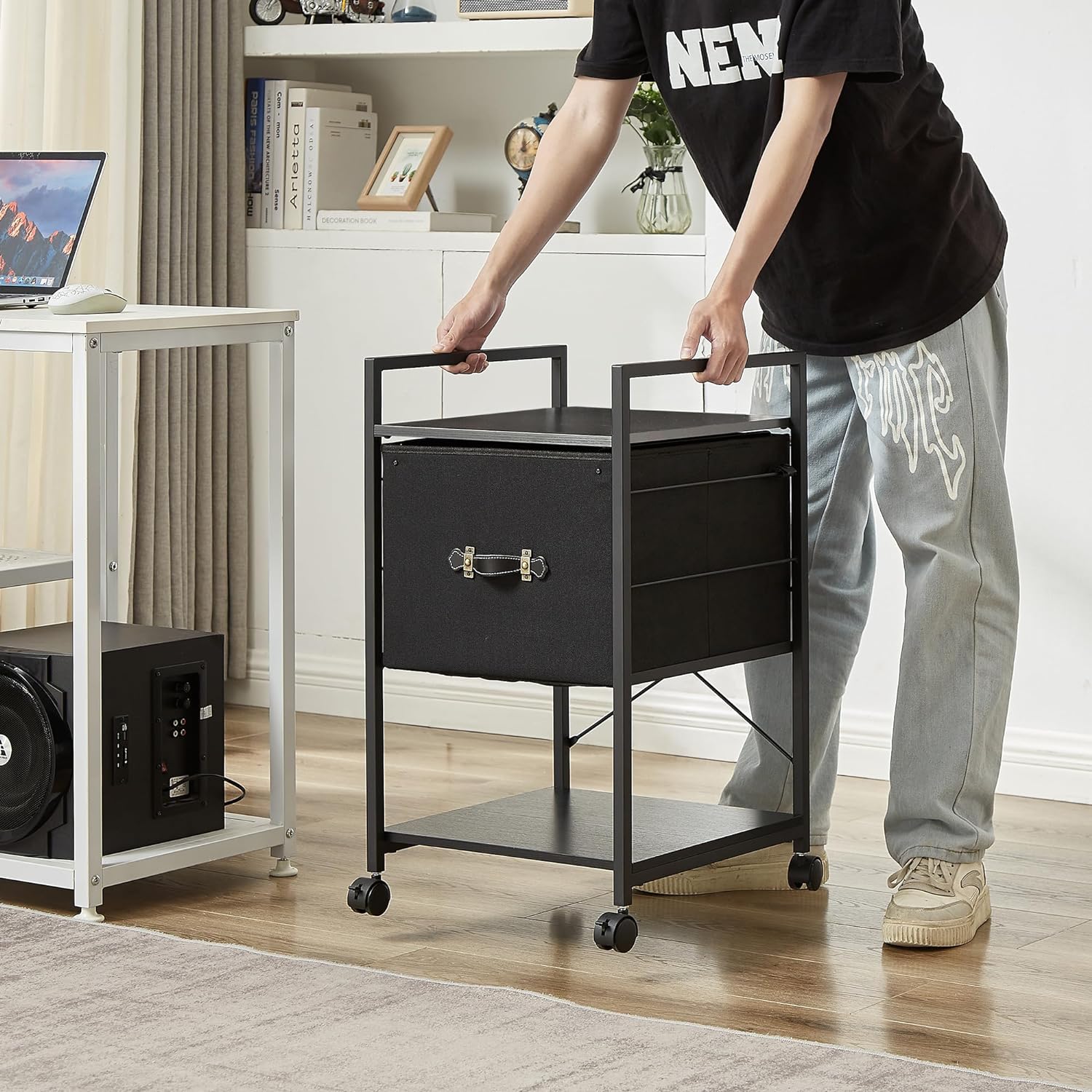 VECELO Mobile Vertical Filing Cabinet, Rolling Printer Shelf with Handle