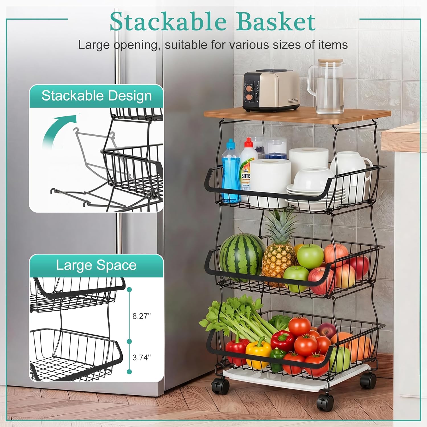 VECELO 4-Tier Fruit Basket with Wheels