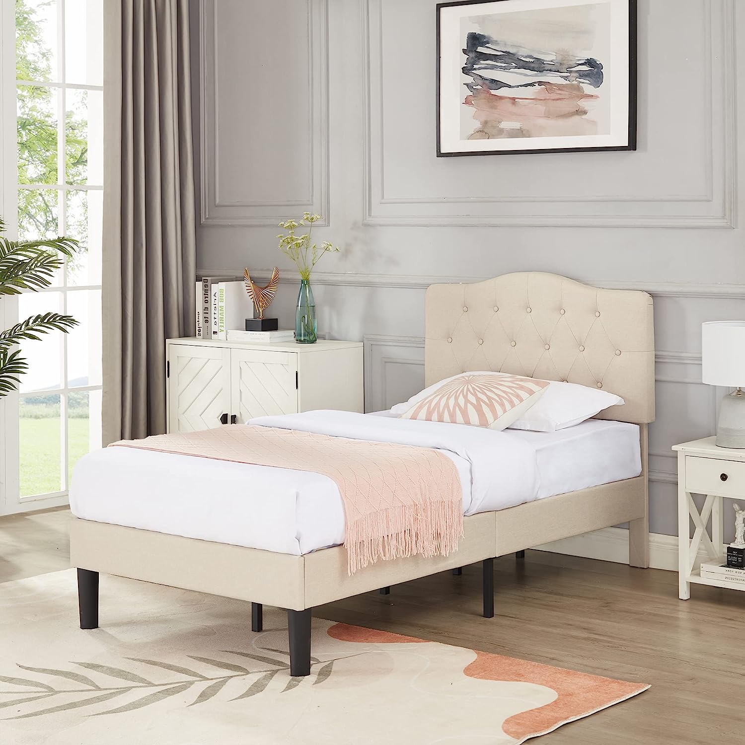 VECELO Classic Upholstered Platform Bed Frame with Diamond Stitched Cloth - VECELO