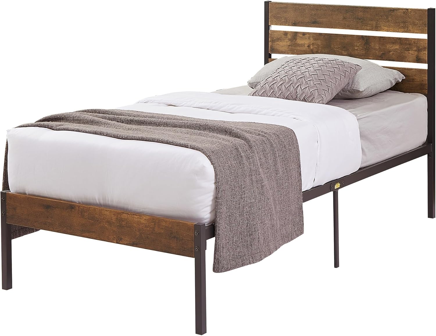 VECELO Platform Bed Frame with Rustic Vintage Wood Headboard/Strong Metal Slats Support