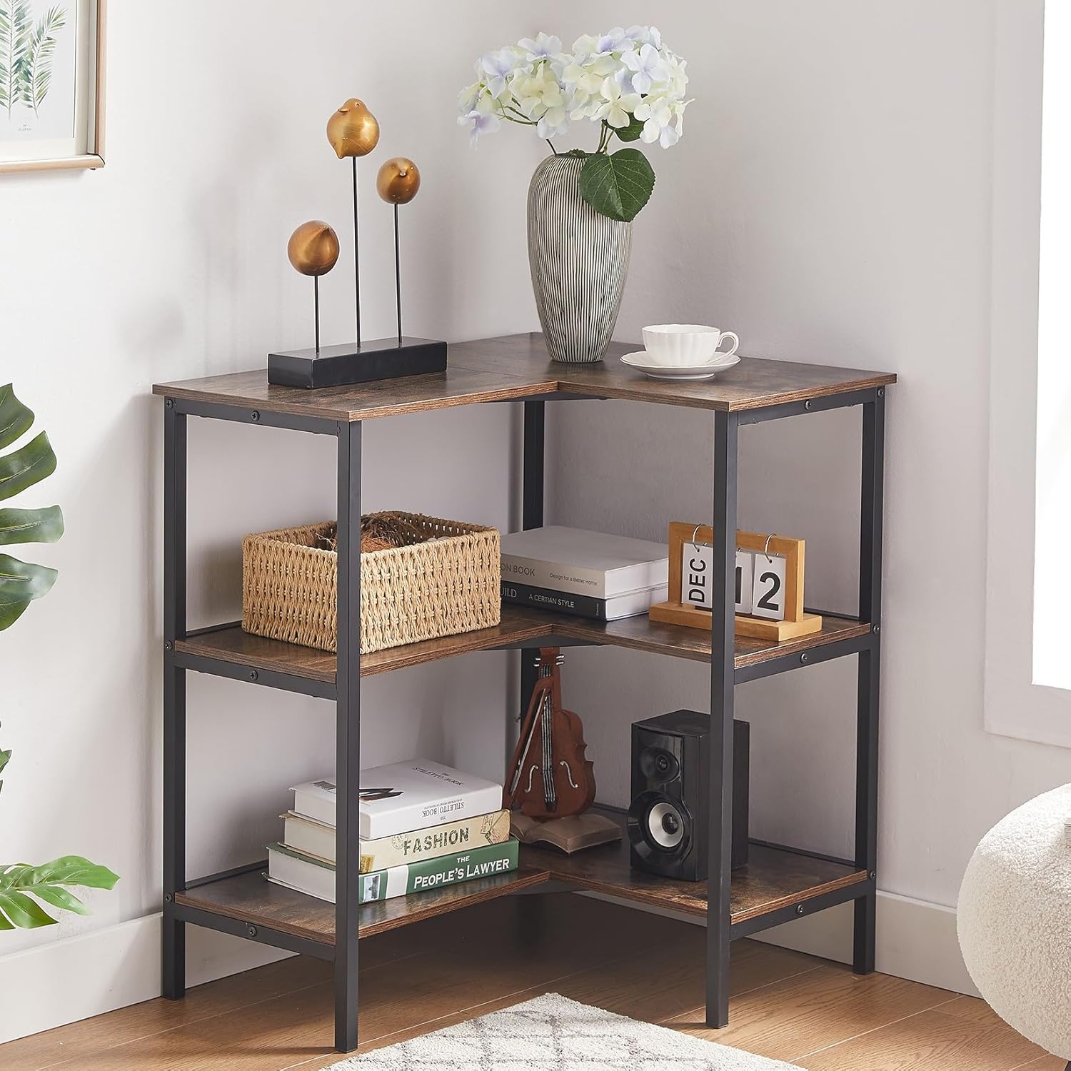 VECELO Corner Cabinet Table with 3 Tier Open Shelf