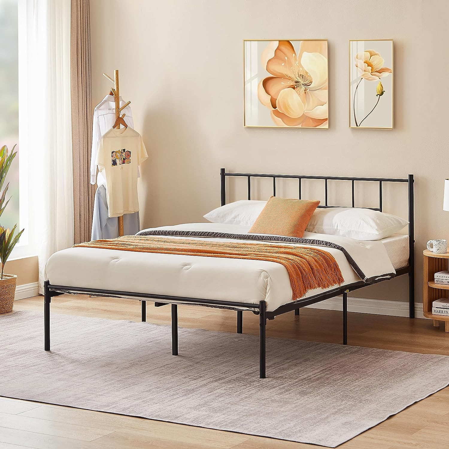 VECELO Bed Frame, 14 Inch Metal Platform with Headboard, Heavy Duty Steel Slat Support - VECELO