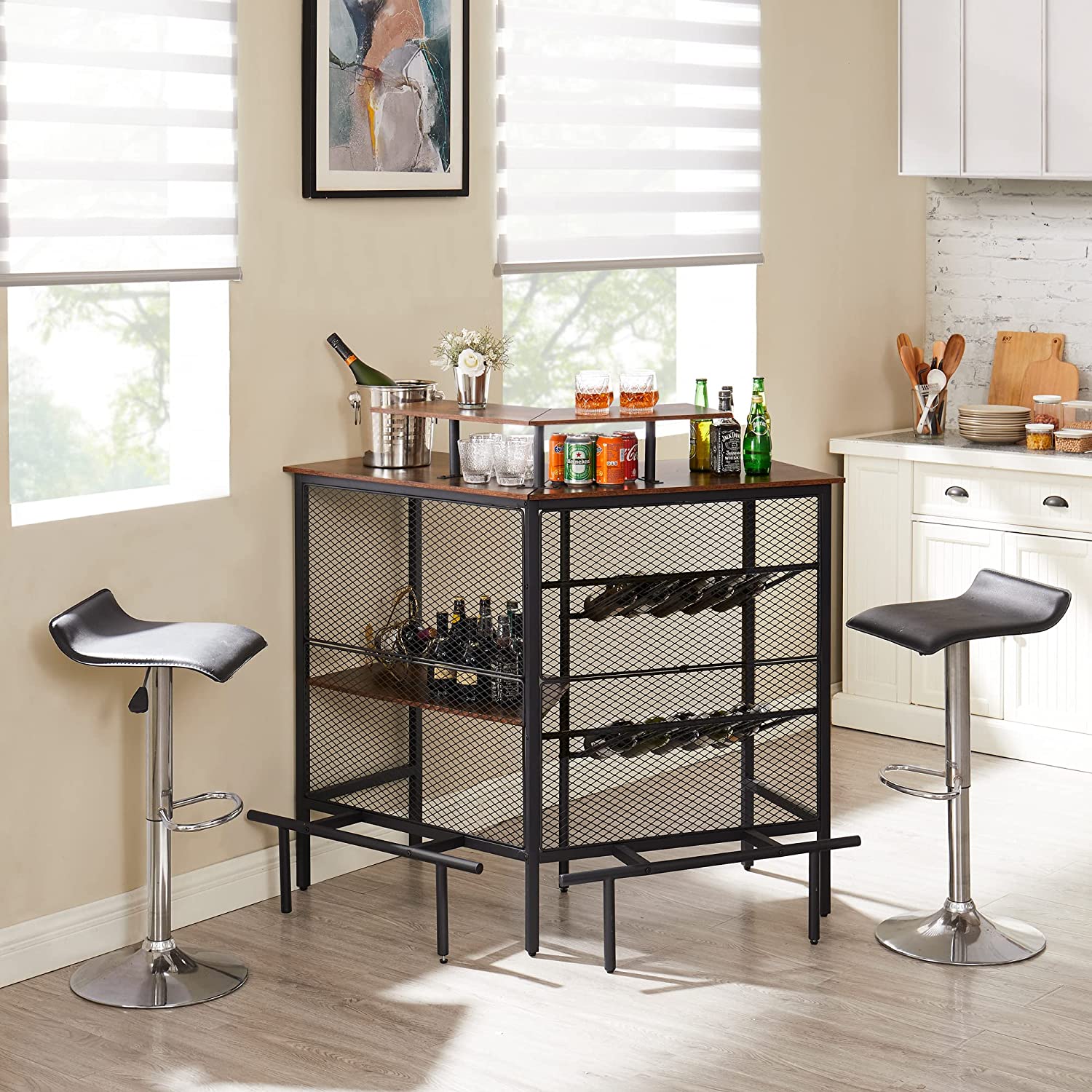 VECELO Bar Unit, 3 Tier Liquor Cabinet with Metal Mesh Front - VECELO