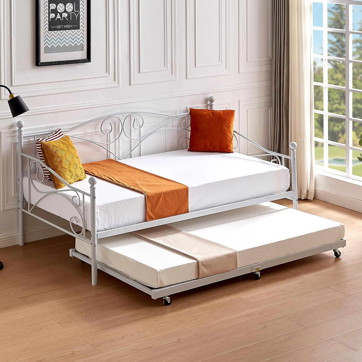 VECELO Twin Trundle Bed Frame Only/Roll Out/Enhanced & Up-Graded Metal Slats Support, White