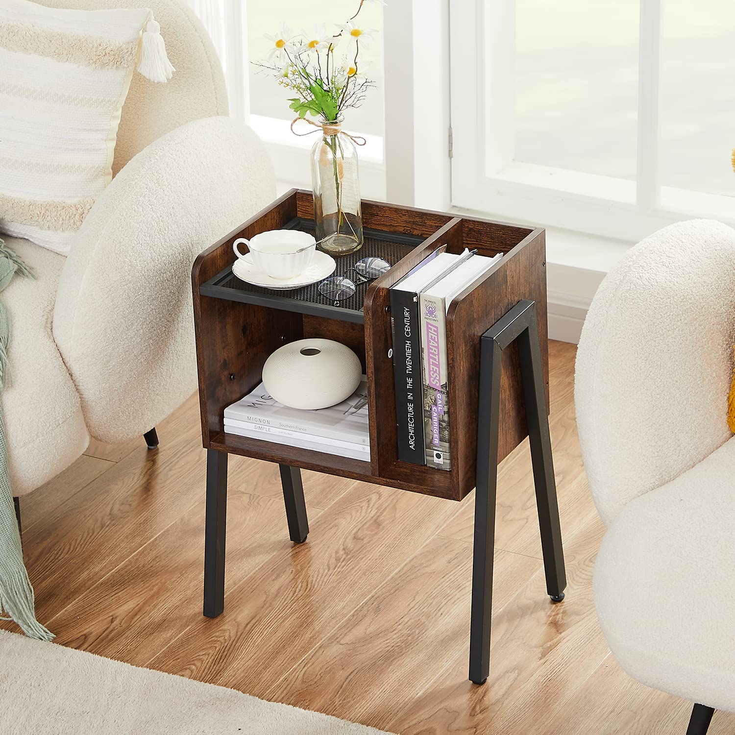 VECELO Industrial Side End Table/Nightstand Stackable Accent Furniture with 2-Tier Open Storage Compartments