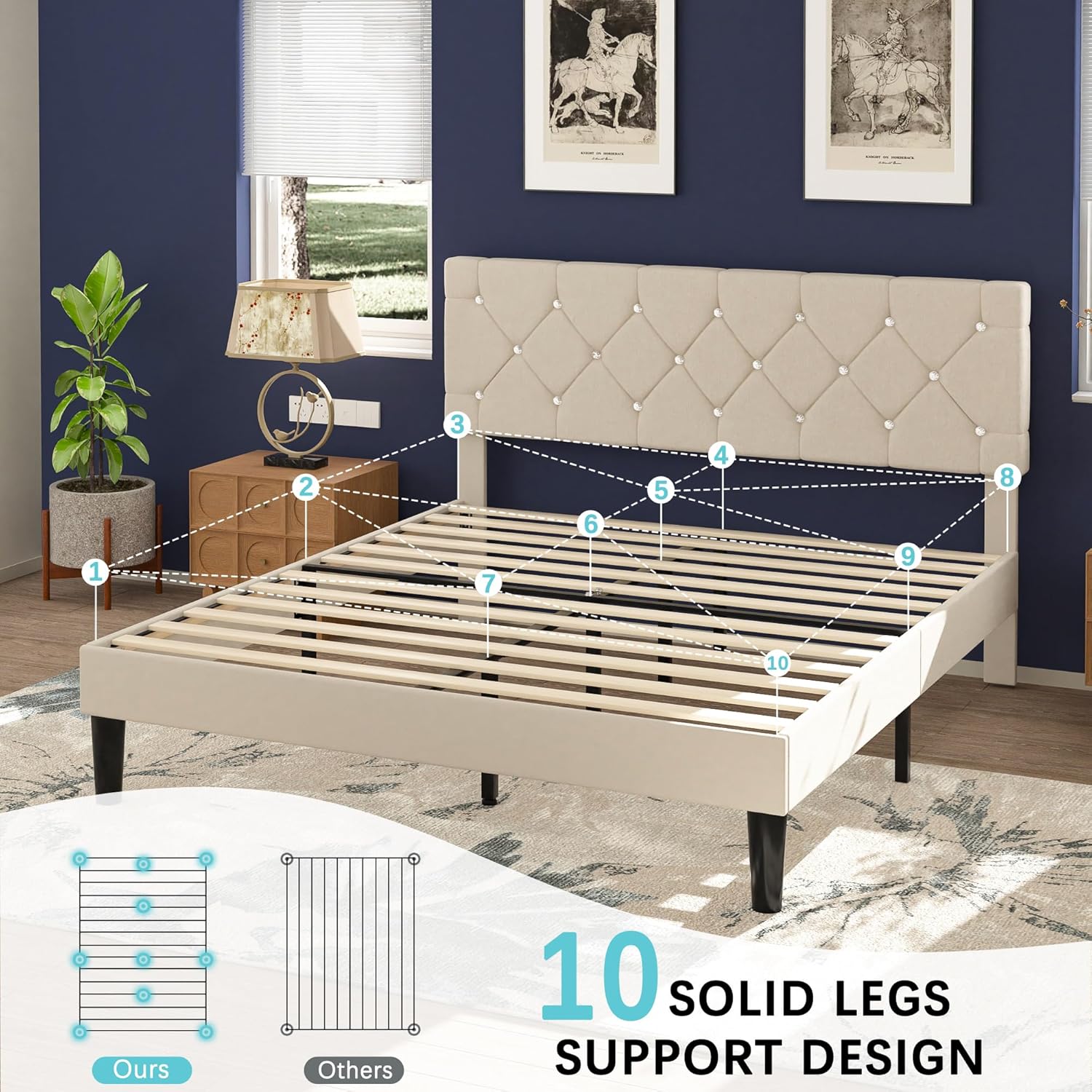 VECELO Twin Size Bed Frame, Upholstered Platform with Adjustable Diamond Tufted Headboard