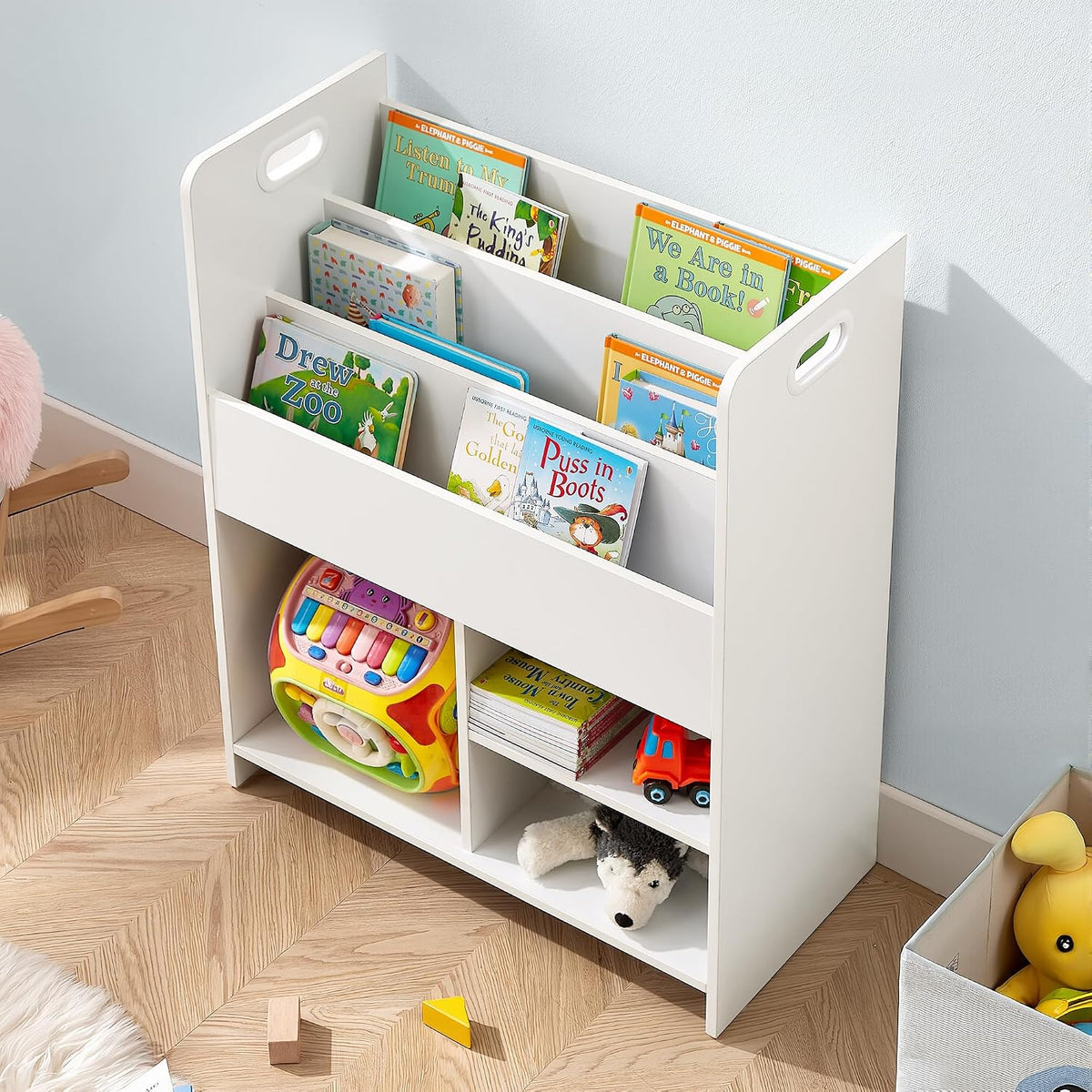 VECELO Kids Bookshelf & Toy Storage Organizer with Built-in Handles