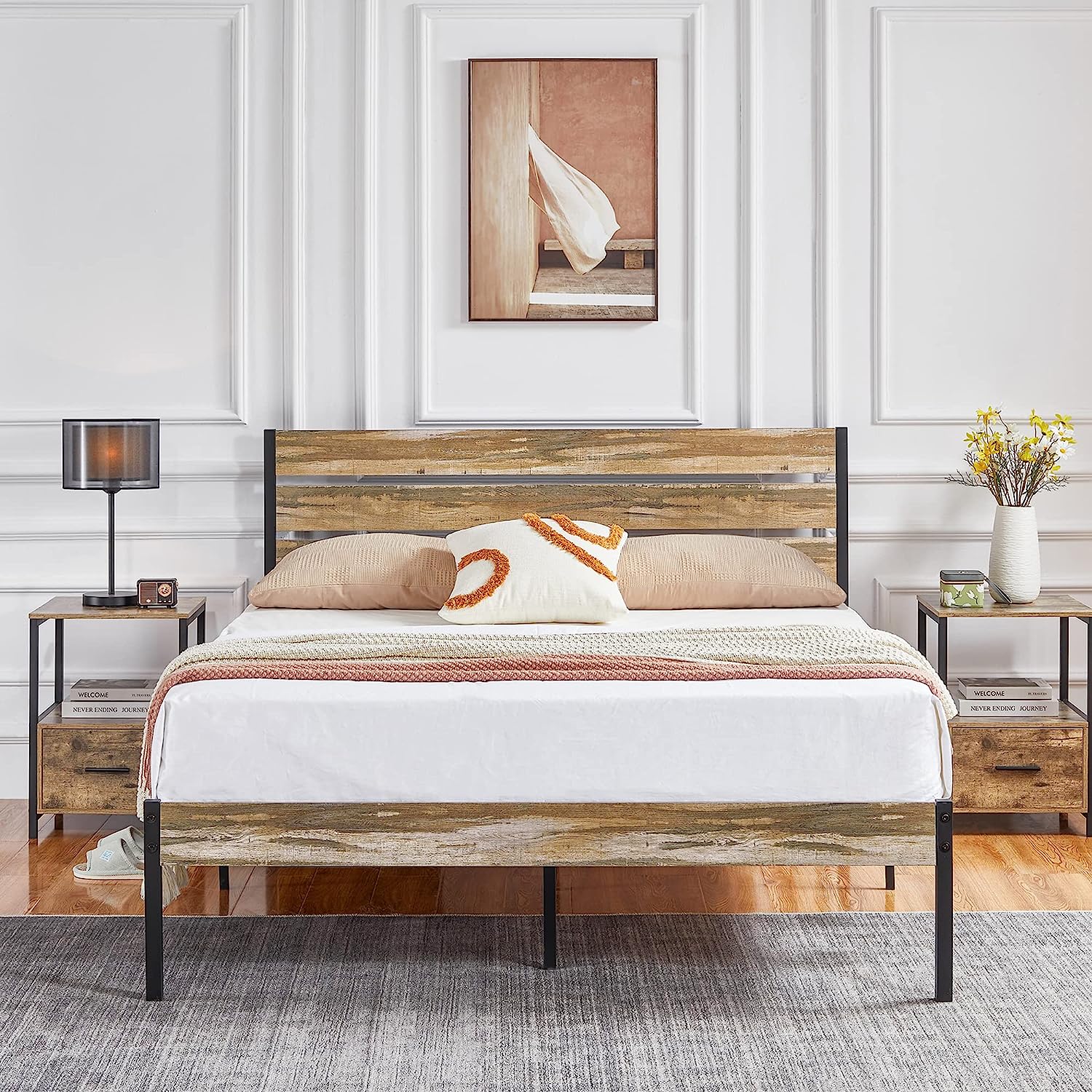 VECELO Platform Bed Frame with Rustic Vintage Wood Headboard/Strong Metal Slats Support