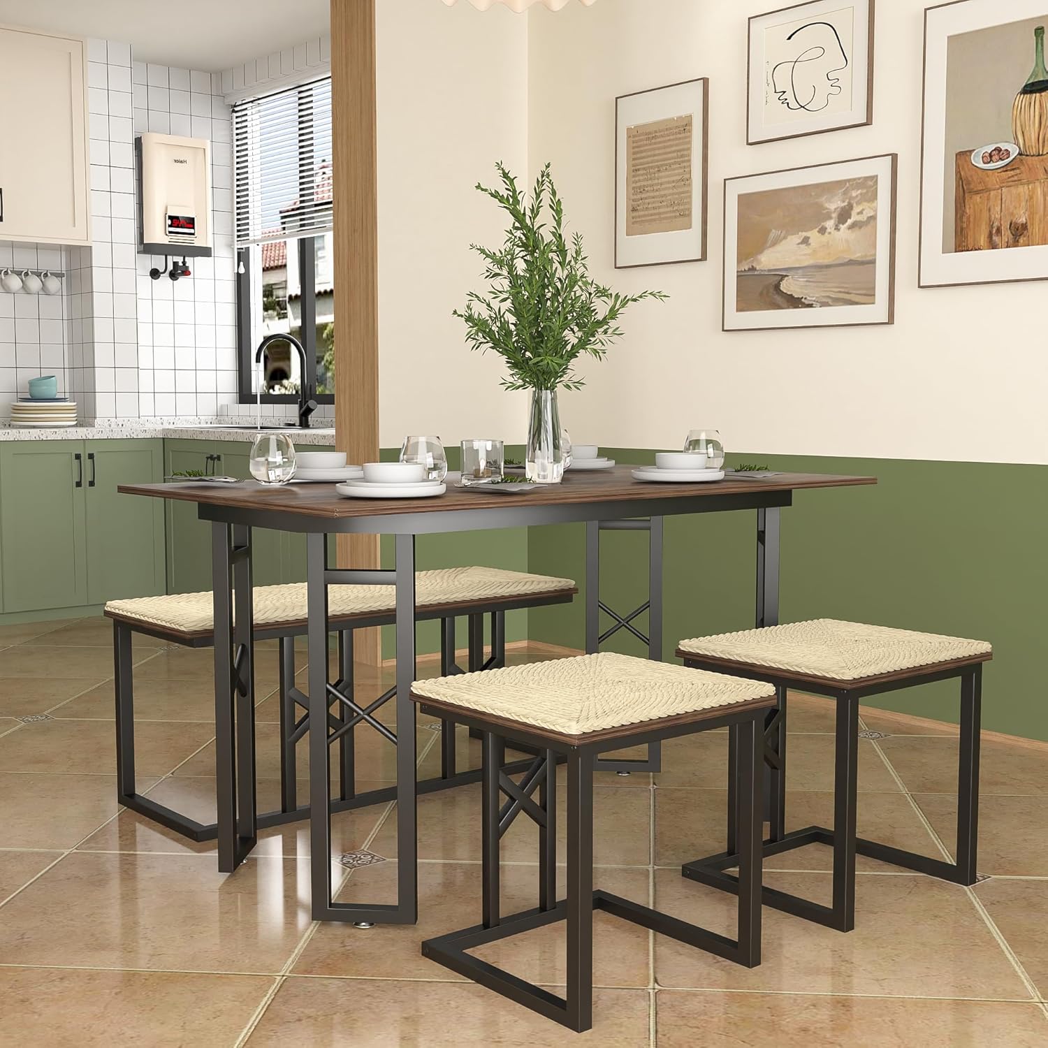 VECELO 43.3" Farmhouse Room Sets for 4 with 3 Benches Wicker-Knot Cushions - VECELO