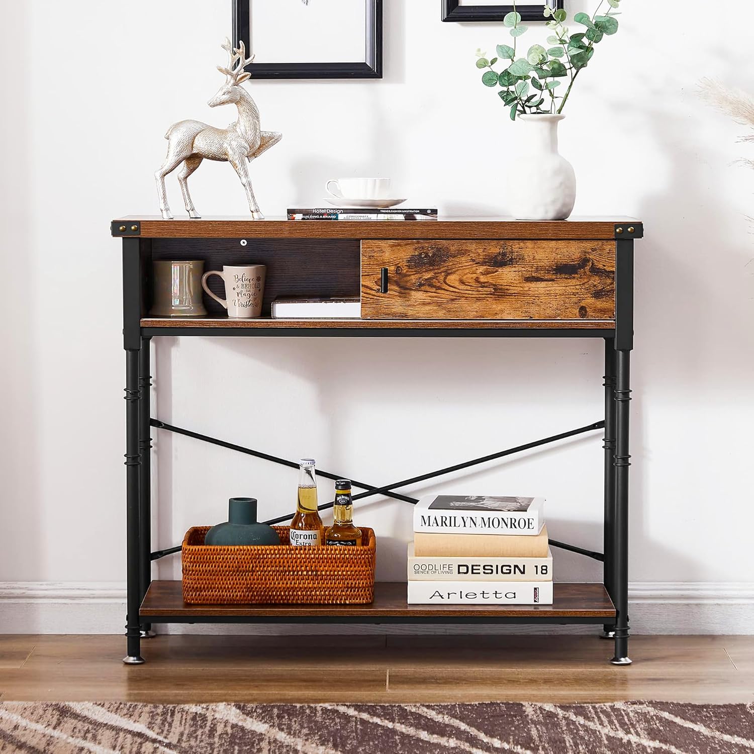 VECELO Console Table with Drawers, Narrow Wood Sofa Accent Furniture with Storage Shelf - VECELO