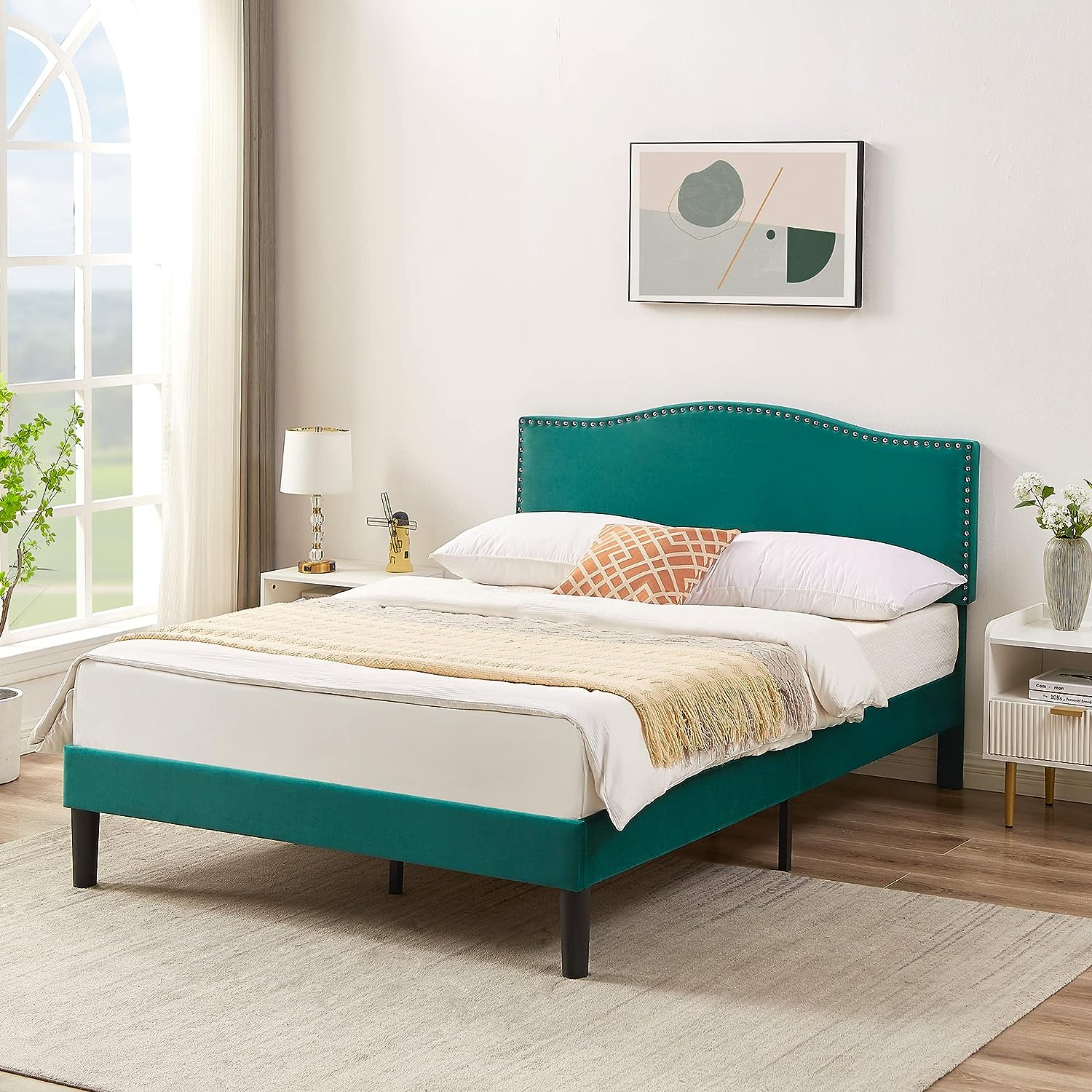 VECELO Bed Frame Platform with Upholstered Headboard & Wooden Slats Support - VECELO