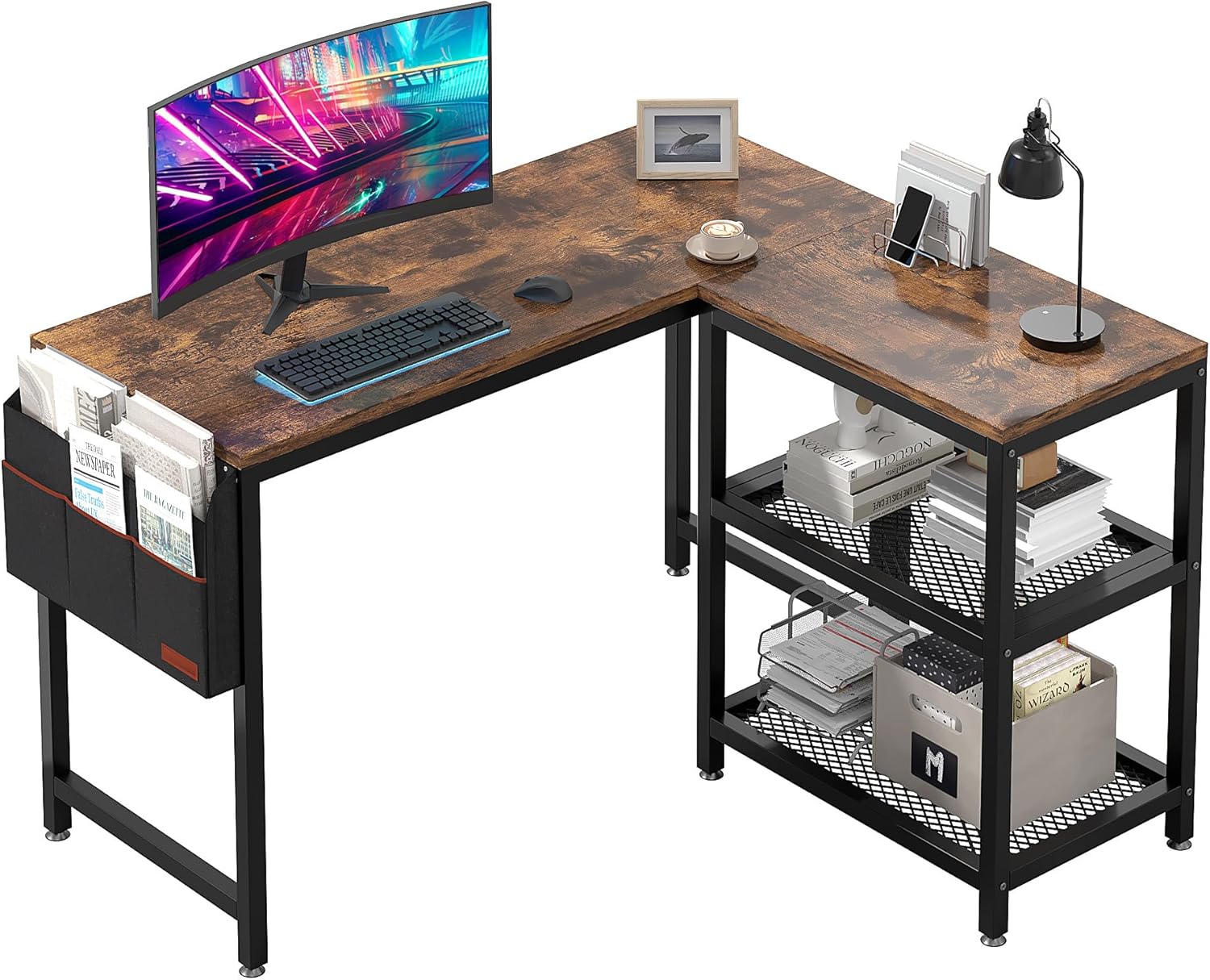 VECELO L Shaped Computer Desk with Storage Shelves & Bag