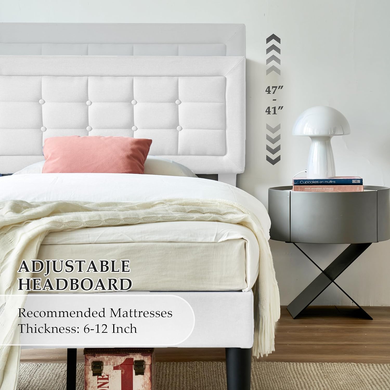 VECELO Upholstered Platform Bed Frame with Height Adjustable Headboard