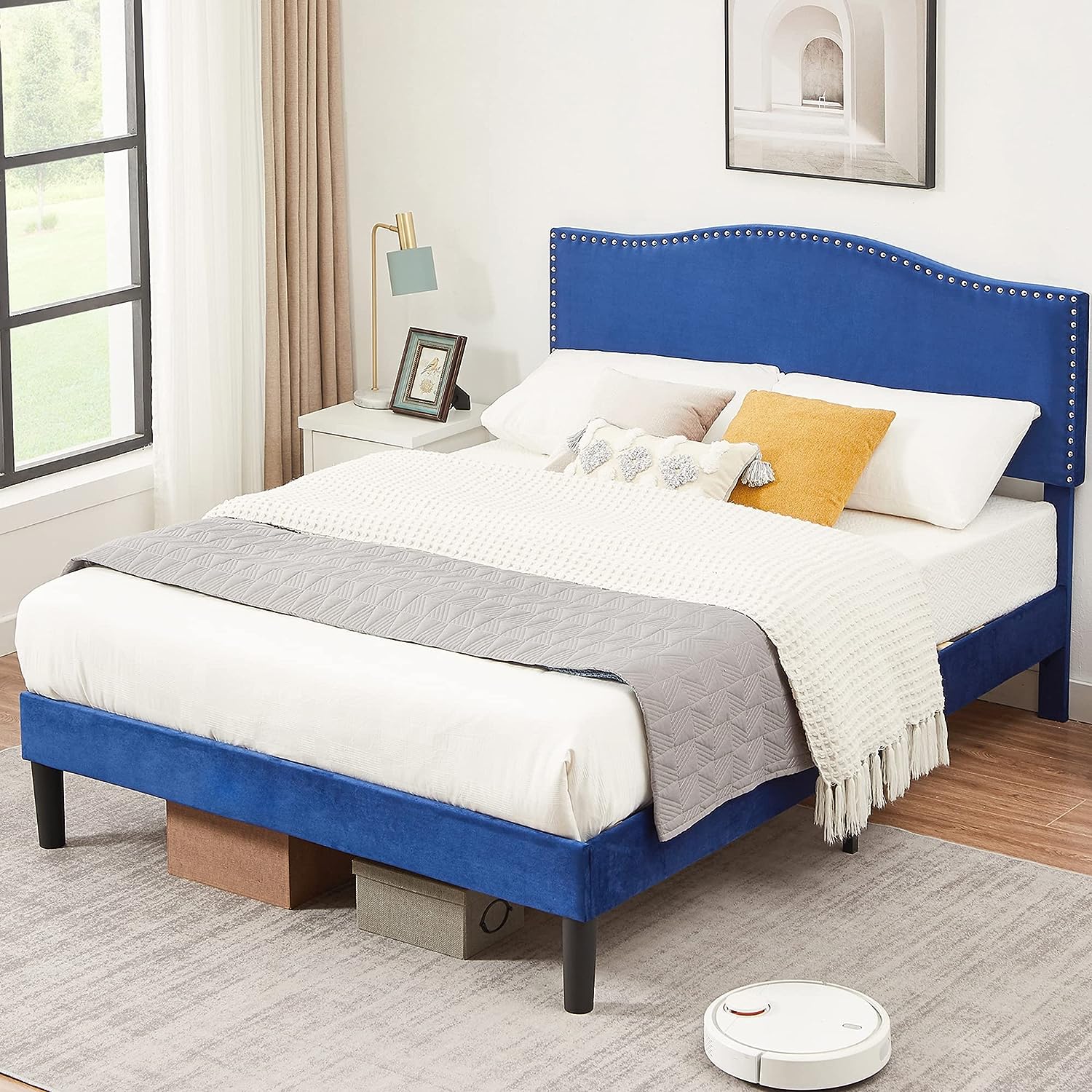 VECELO Bed Frame Platform with Upholstered Headboard & Wooden Slats Support - VECELO