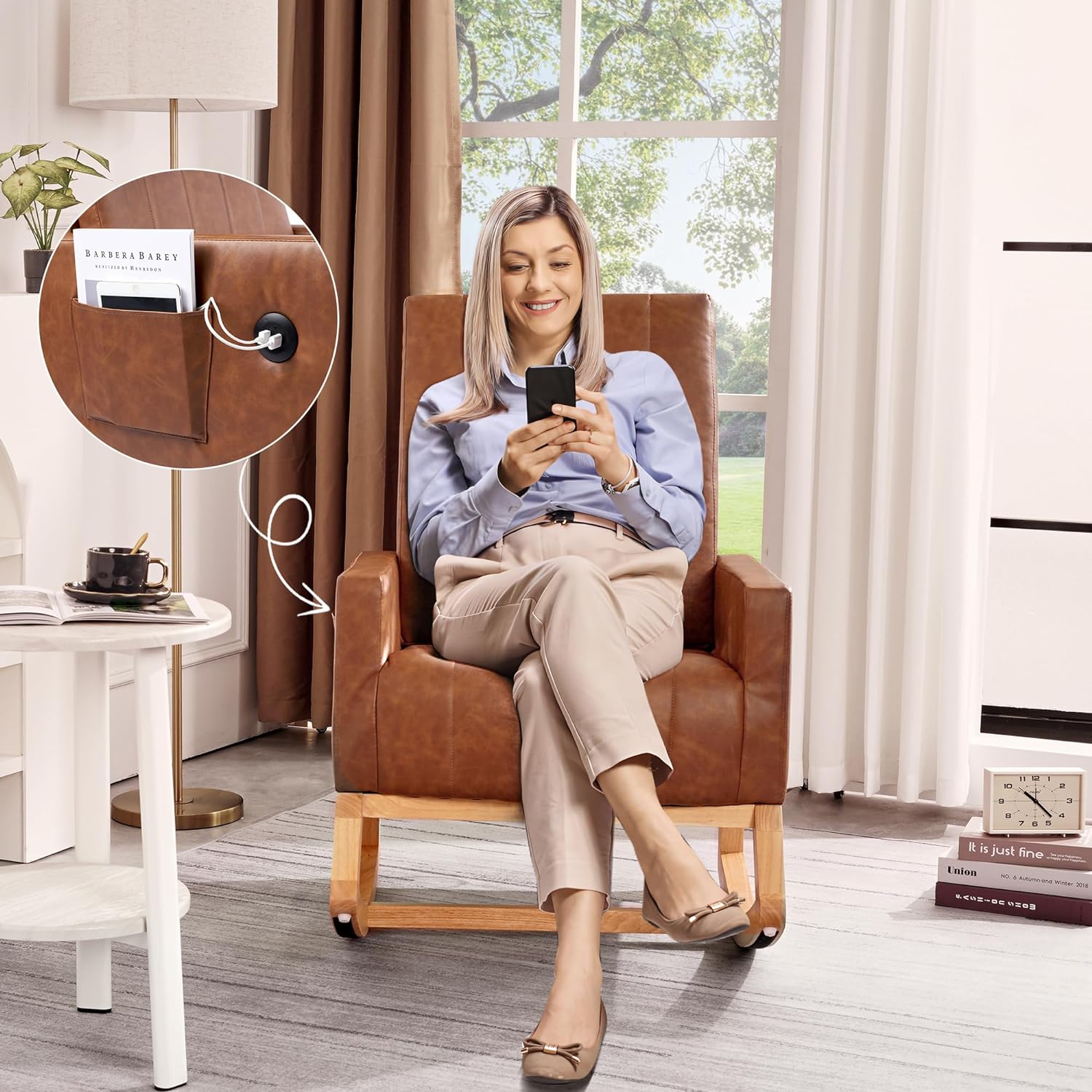 VECELO Rocking Chair Upholstered Nursery Glider Rocker High Backrest Comfy Armchair with Side Pocket and USB Port