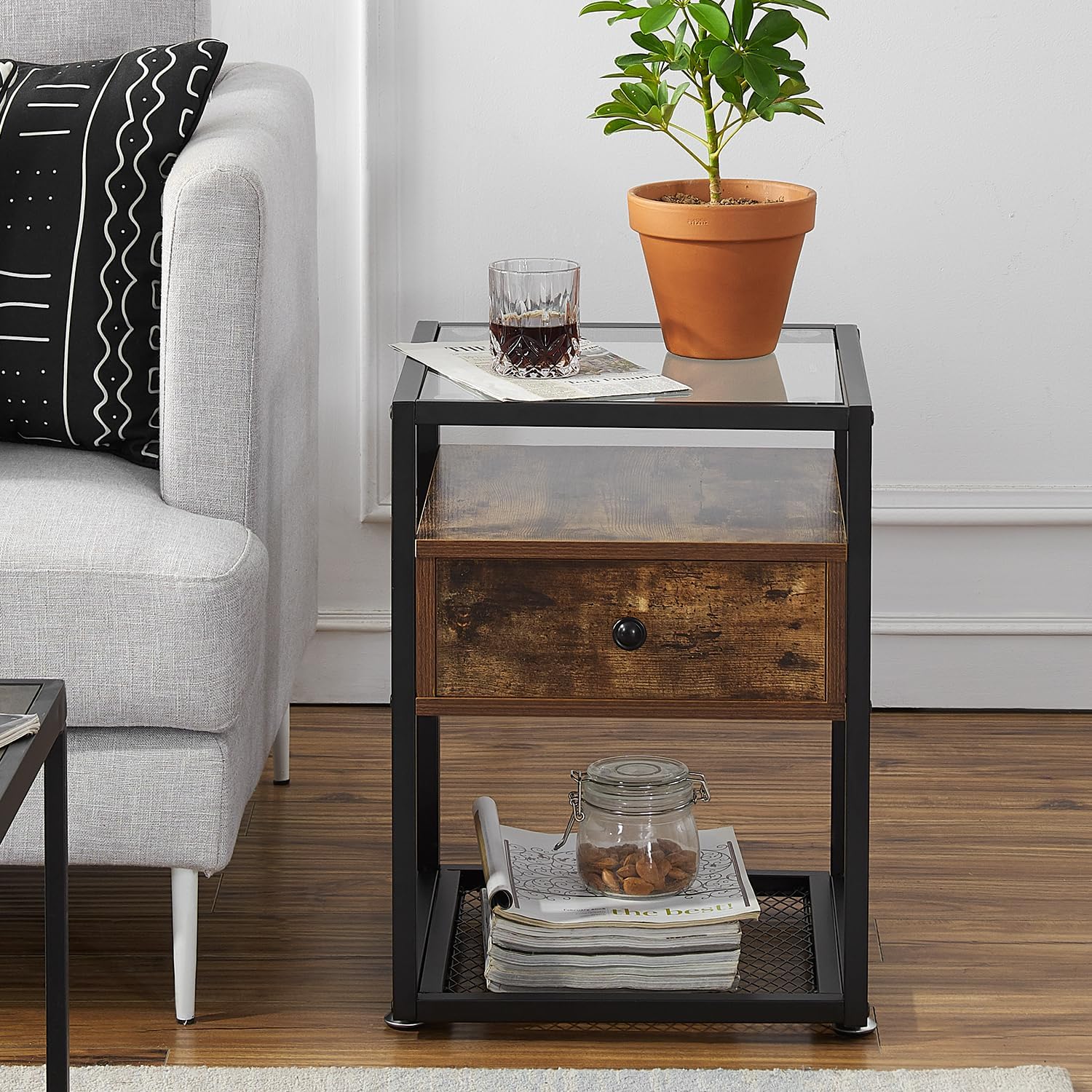 VECELO Nightstands,Glass Top End Tables with Drawer and Shelf