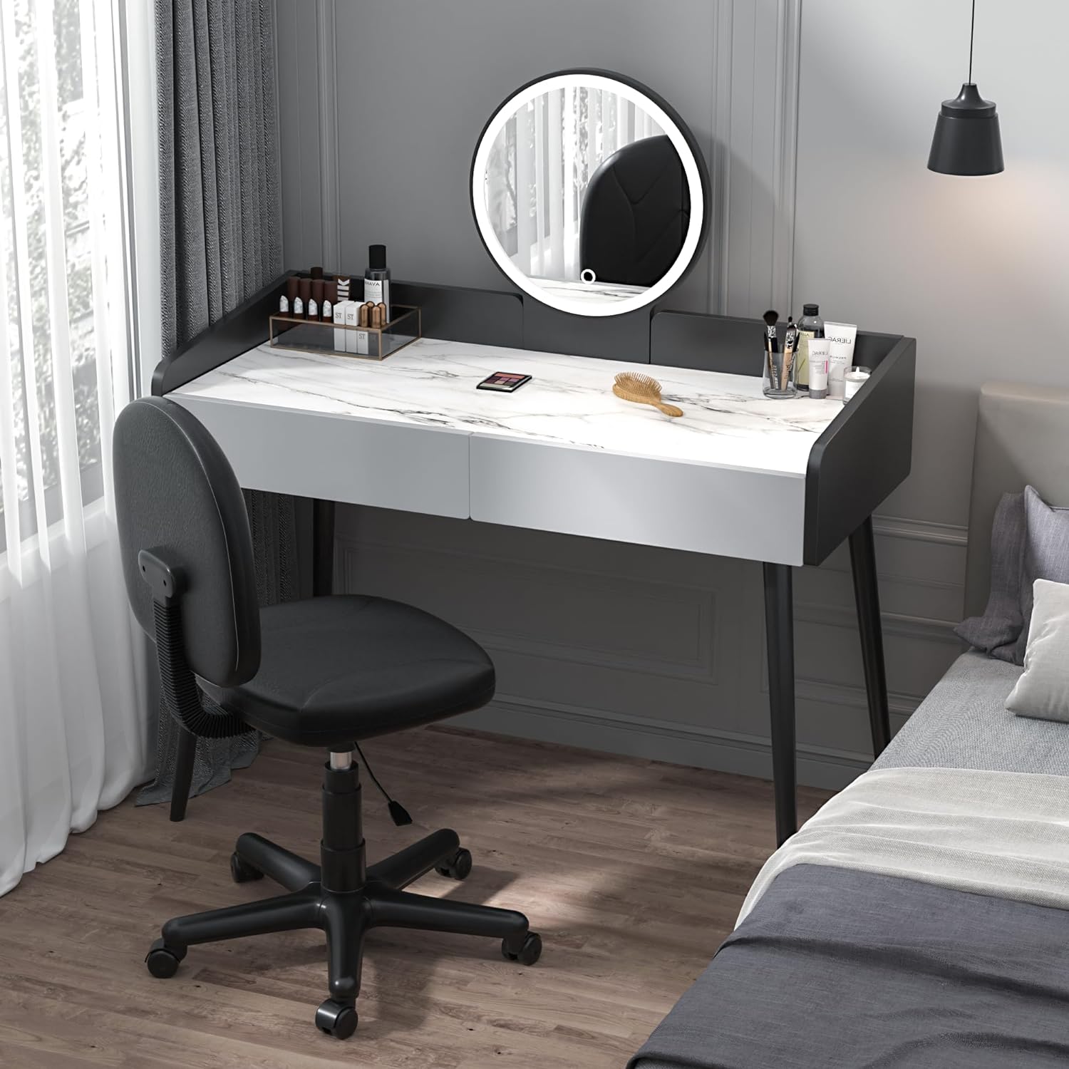 VECELO Small Desk Armless Low-Backrest PU Leather Ergonomic Computer Chair