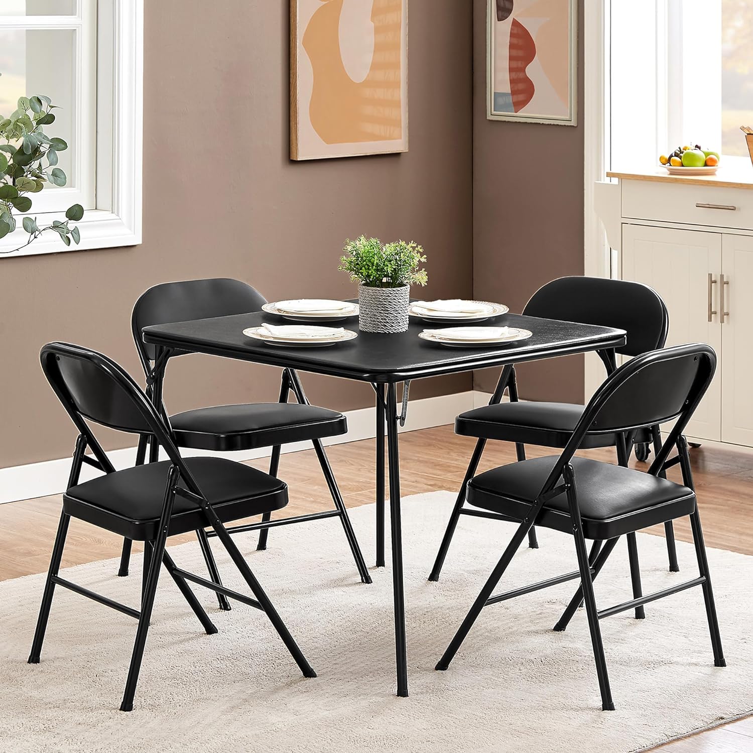 VECELO Portable Folding Card Table Square and Chair Sets with Collapsible Legs & Vinyl Upholstery (5 PCS)