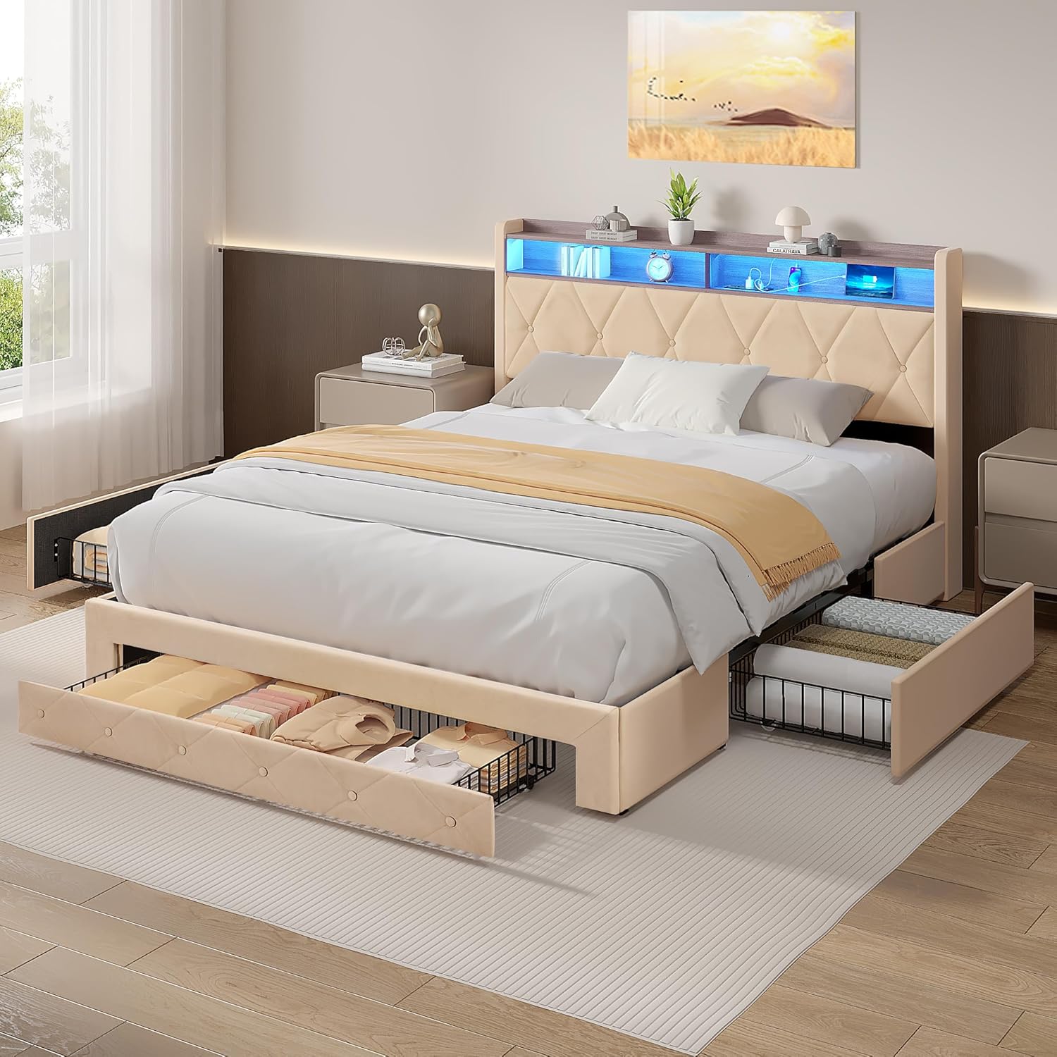 VECELO Velvet Queen Size Upholstered Bed Frame with Headboard