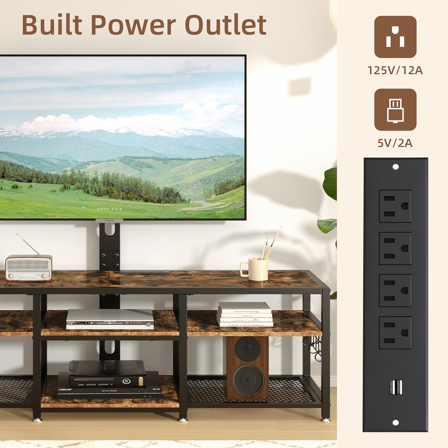 VECELO TV Stand with Mount and Power Outlets