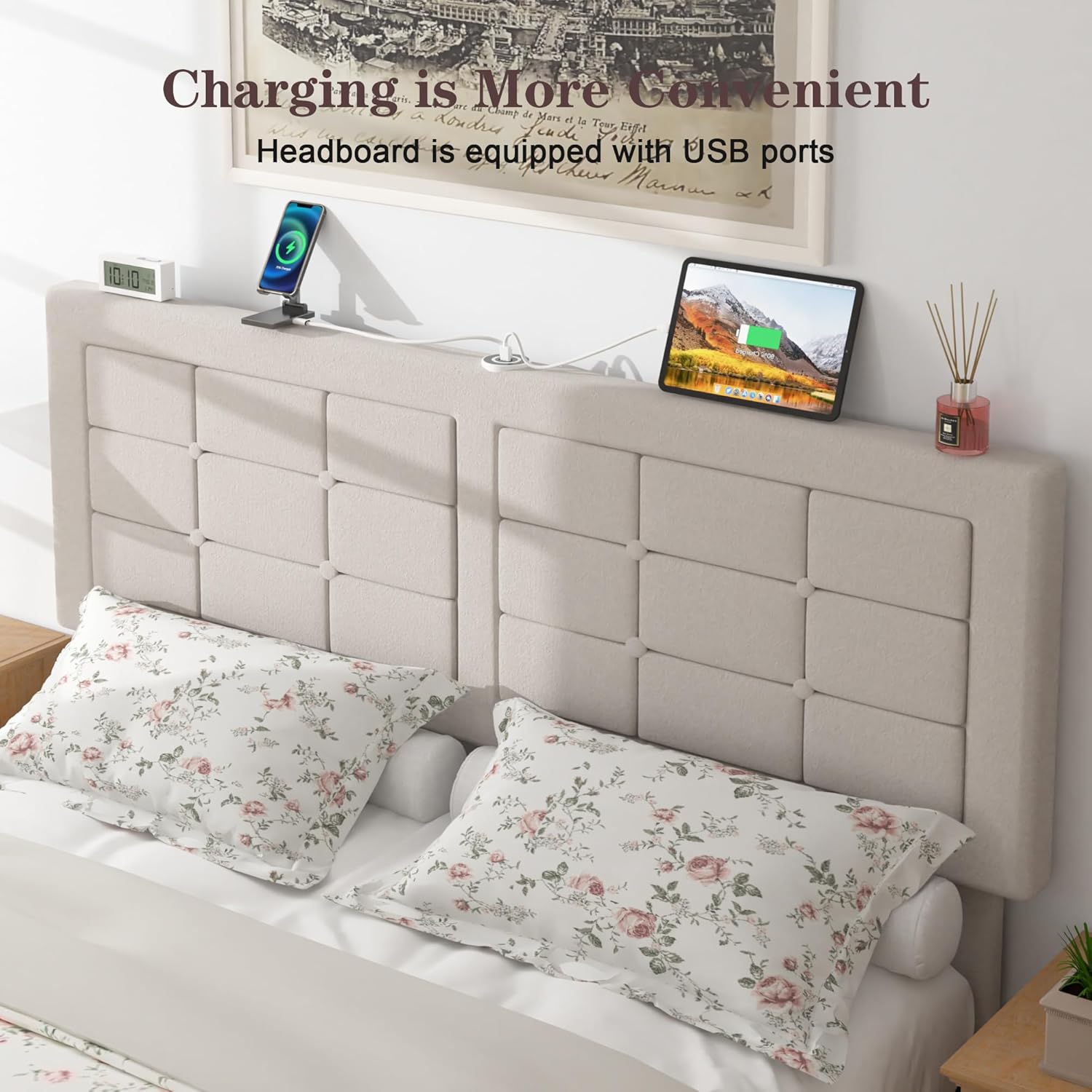 VECELO Bed Frame with 4 Drawers, Adjustable Tufted Button Headboard