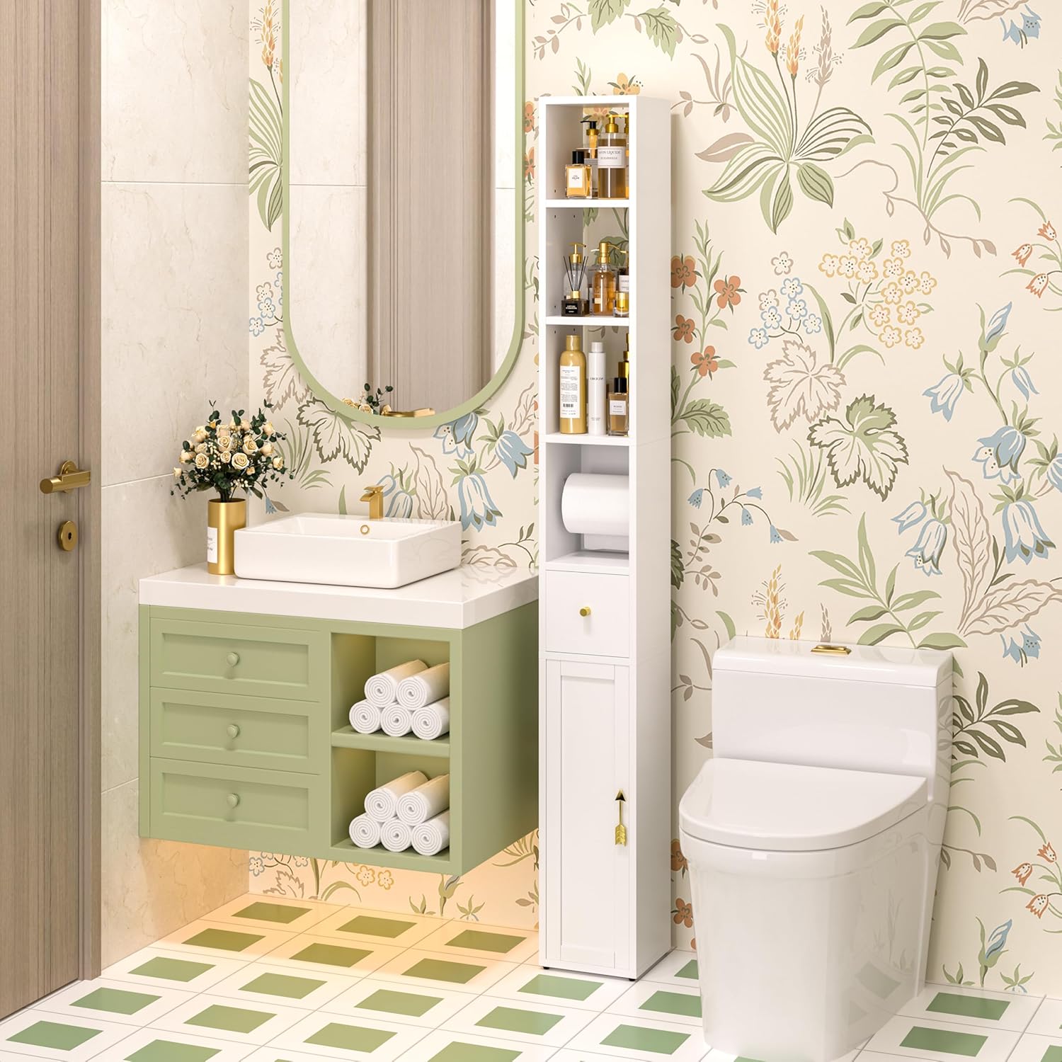 VECELO Tall Bathroom Cabinet with Adjustable Shelves
