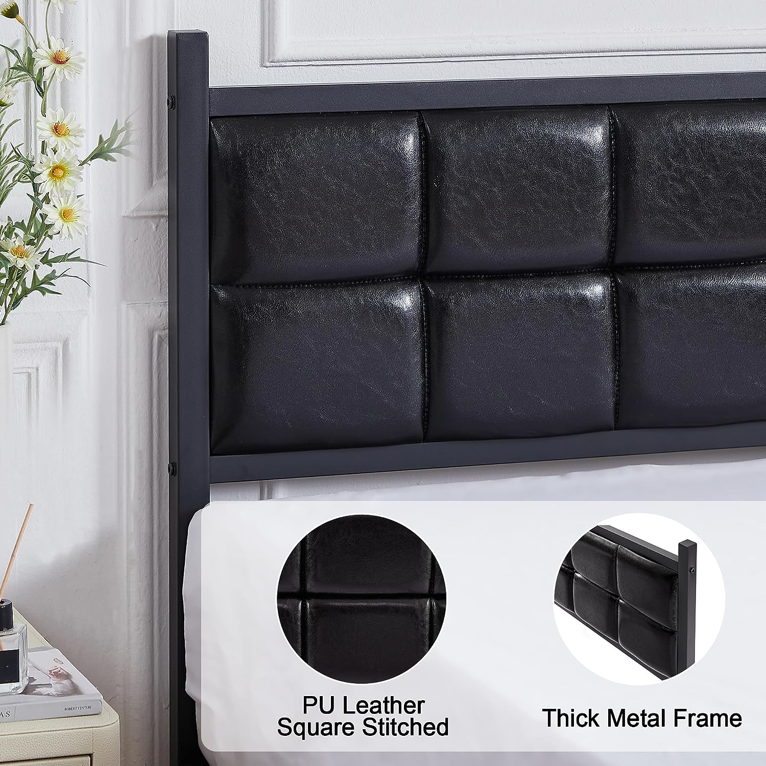 VECELO Bed Frame with PU Upholstered Headboard Metal Slats Support, No Box Spring Needed - VECELO