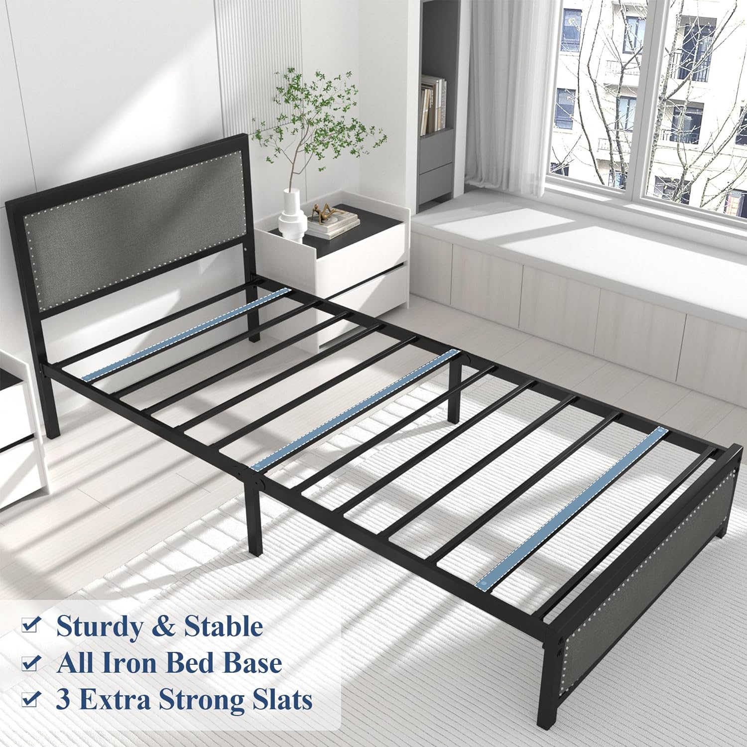 VECELO Bed Frame with Linen Fabric Headboard and Footboard No Box Spring Needed - VECELO