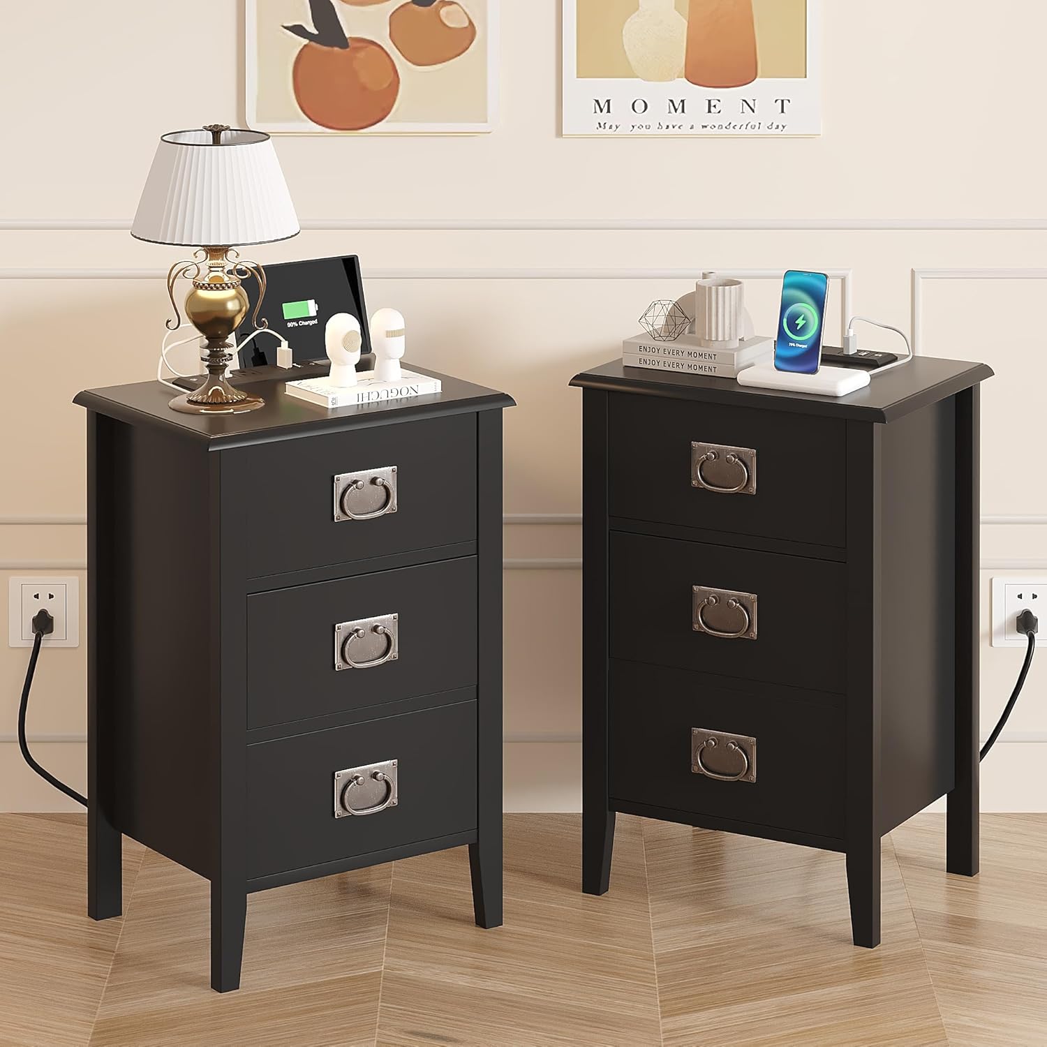 VECELO Nightstand Set of 2 with Charging Station