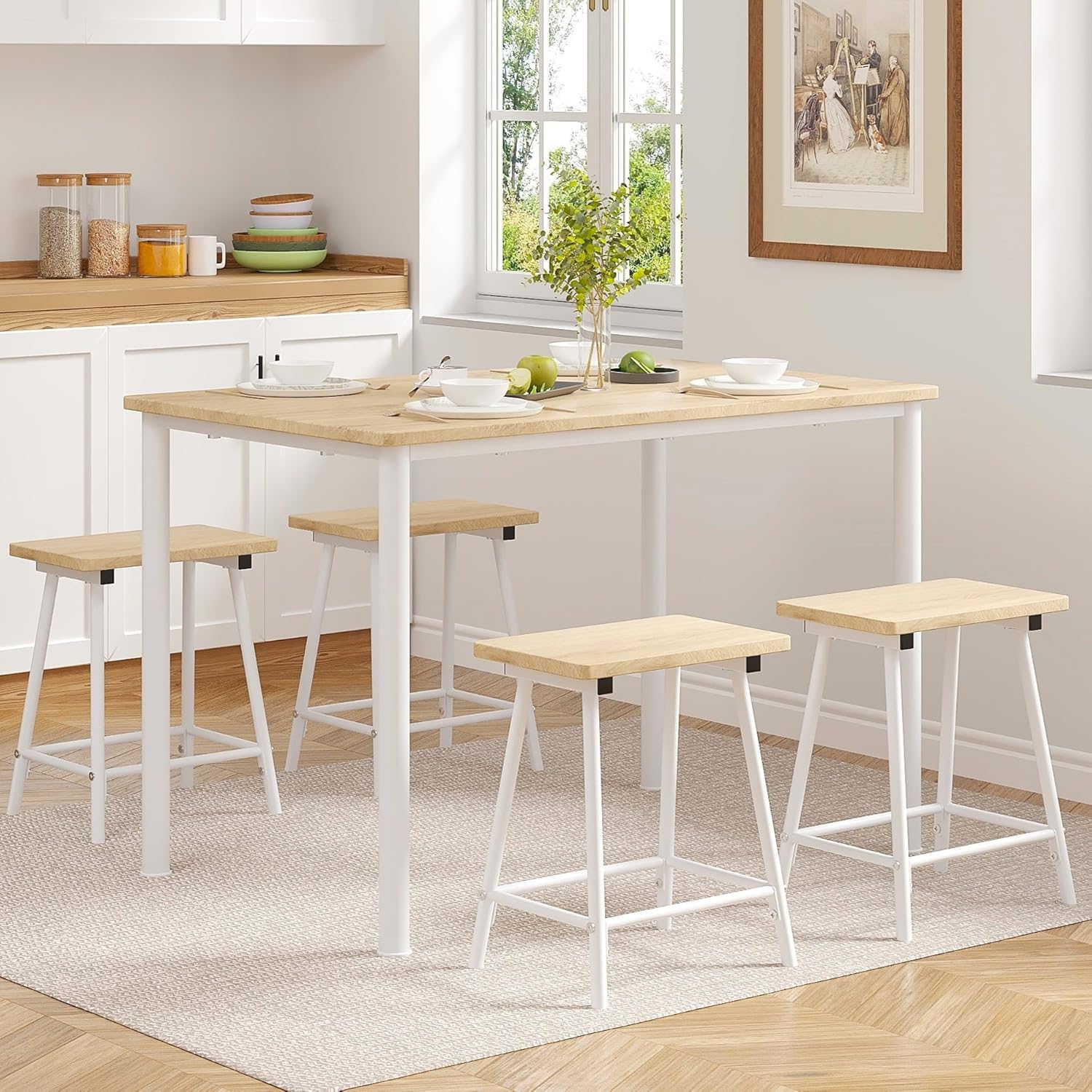VECELO 5-Piece Dining Table Set Metal and Wood Kitchen Furniture with 4 Stools - VECELO