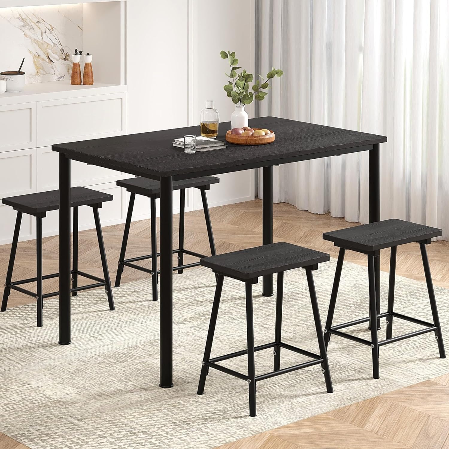 VECELO 5-Piece Dining Table Set Metal and Wood Kitchen Furniture with 4 Stools - VECELO