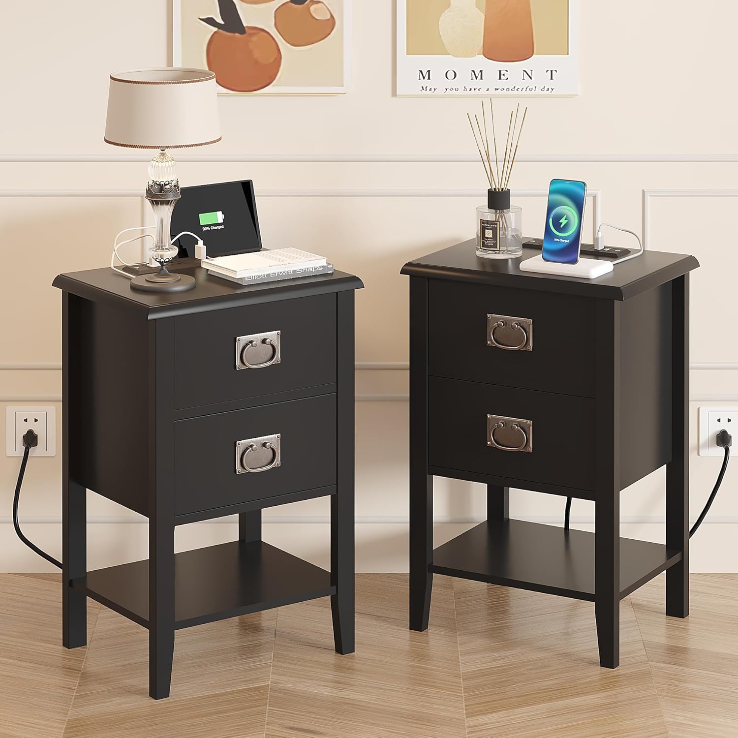 VECELO Nightstand Set of 2 with Charging Station