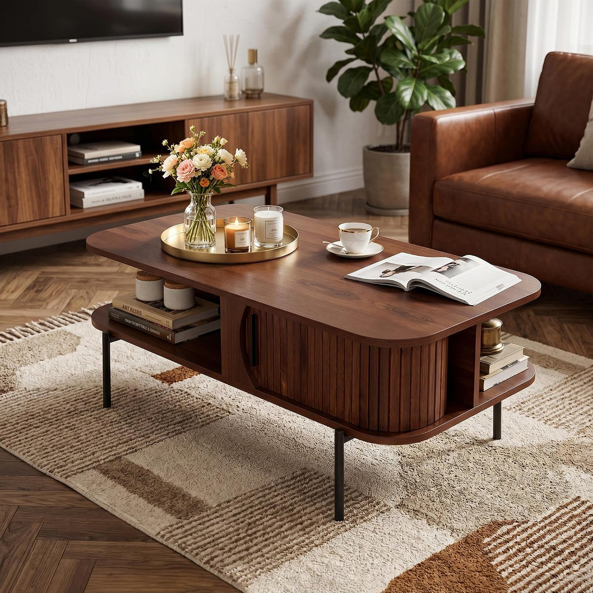 VECELO Coffee Table,40" Mid Century Coffee Tables with Open Storage Shelf