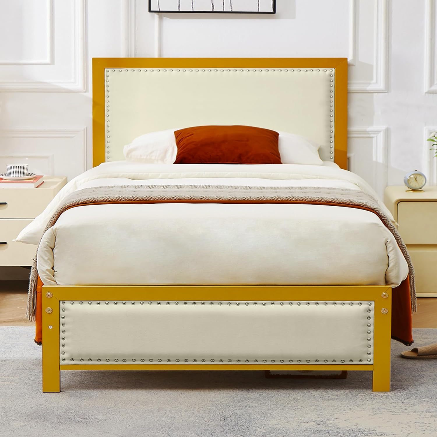 VECELO Bed Frame with Linen Fabric Headboard and Footboard No Box Spring Needed - VECELO
