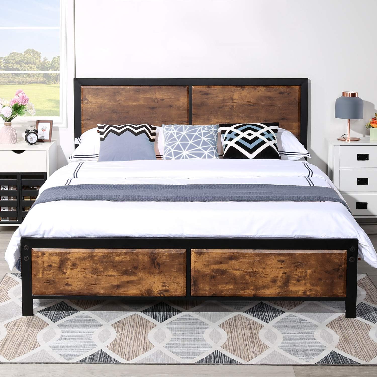 VECELO Full Platform Bed Frame with Rustic Vintage Wood Headboard