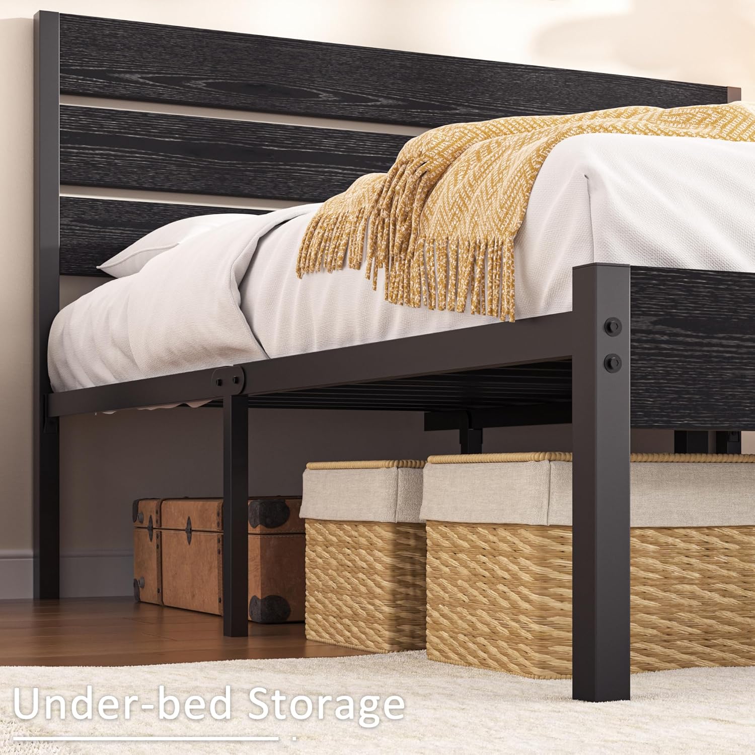 VECELO Platform Bed Frame with Rustic Vintage Wood Headboard/Strong Metal Slats Support