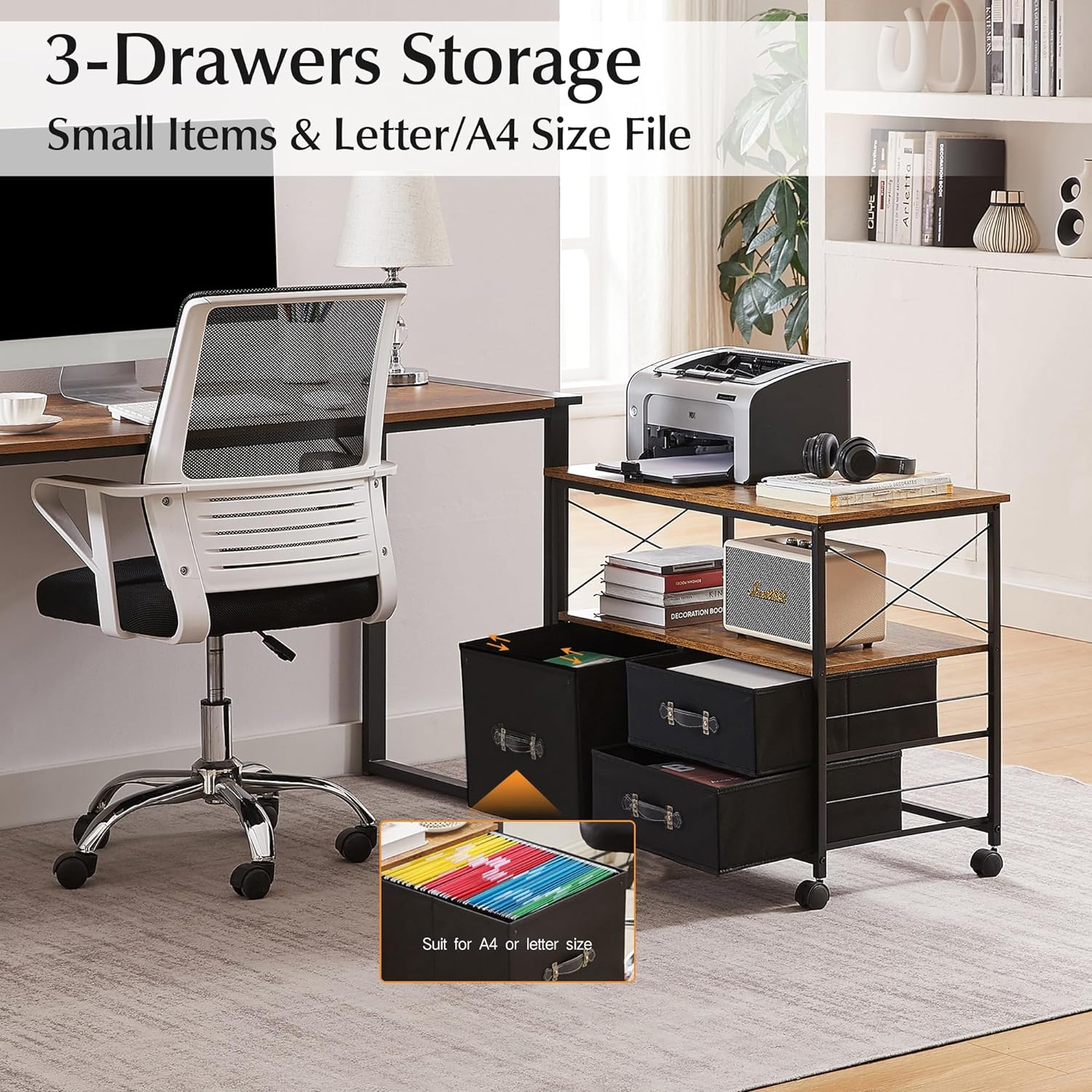 VECELO 3 Drawer Lateral File Cabinet, Rolling Printer Stand with Open Storage Shelf - VECELO