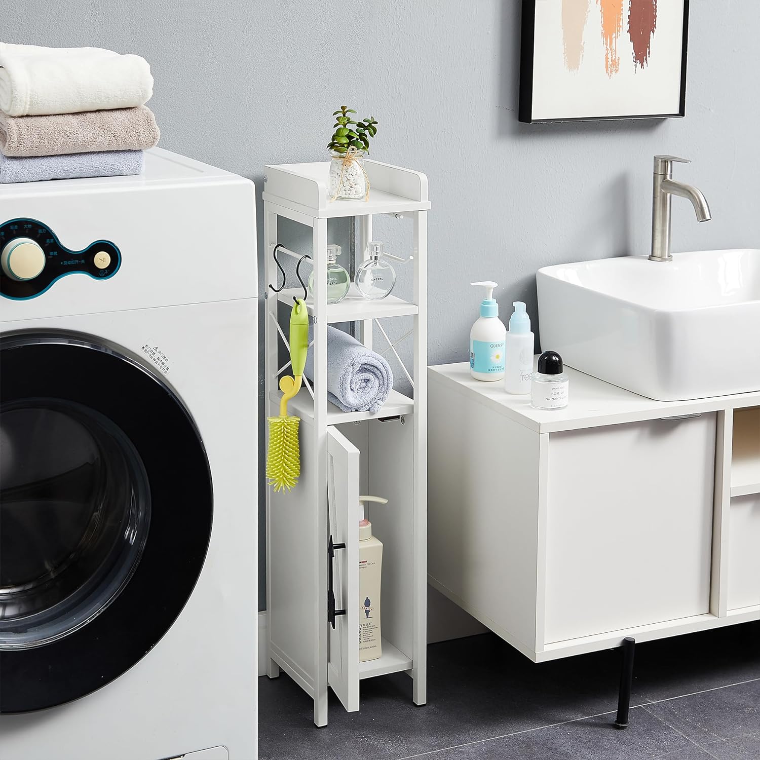 VECELO Small Bathroom Cabinet, Slim Toilet Paper Holder with Door & 2 Shelves