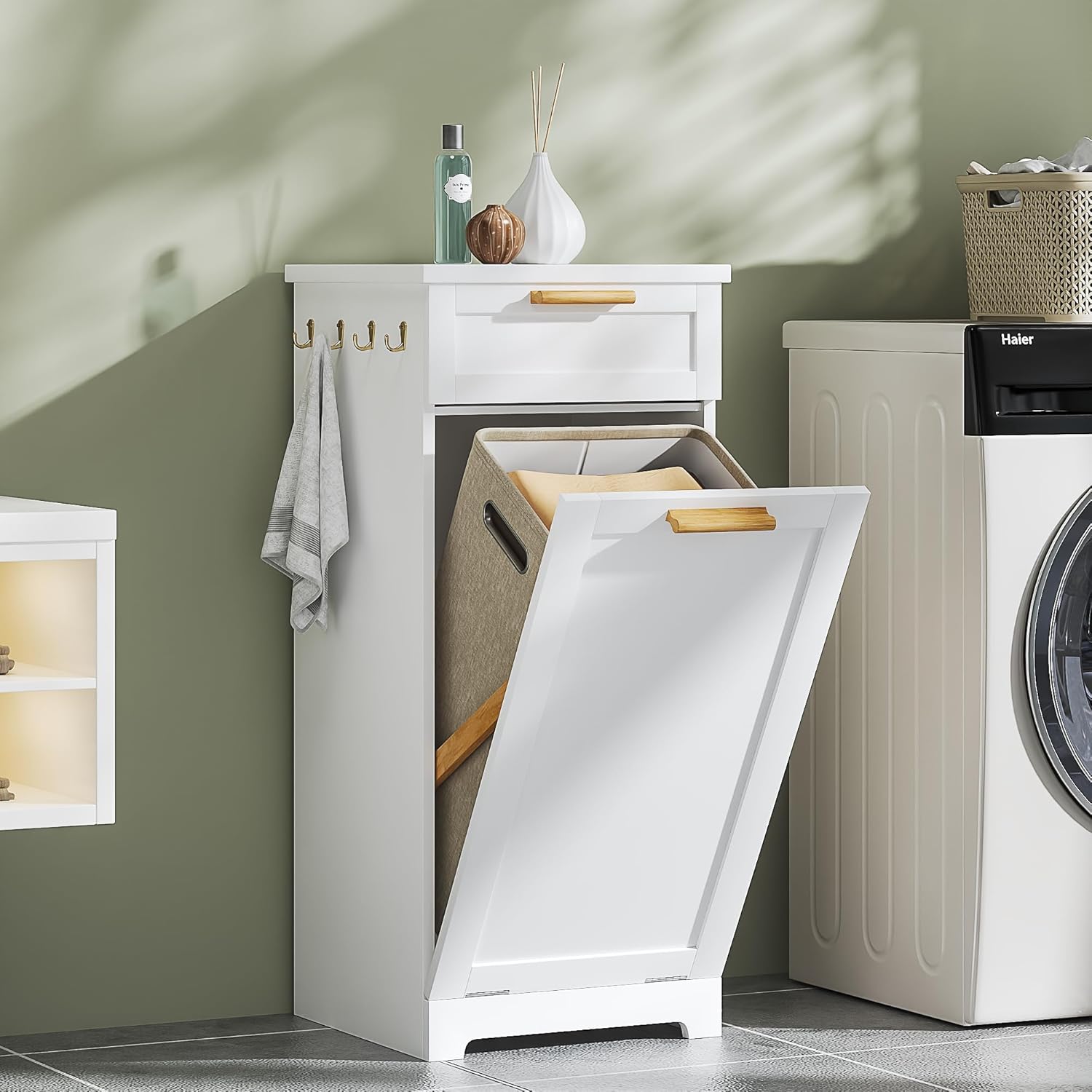 VECELO Tilt Out Laundry Hamper, 35" Bathroom Cabinet with Hidden Removable Basket