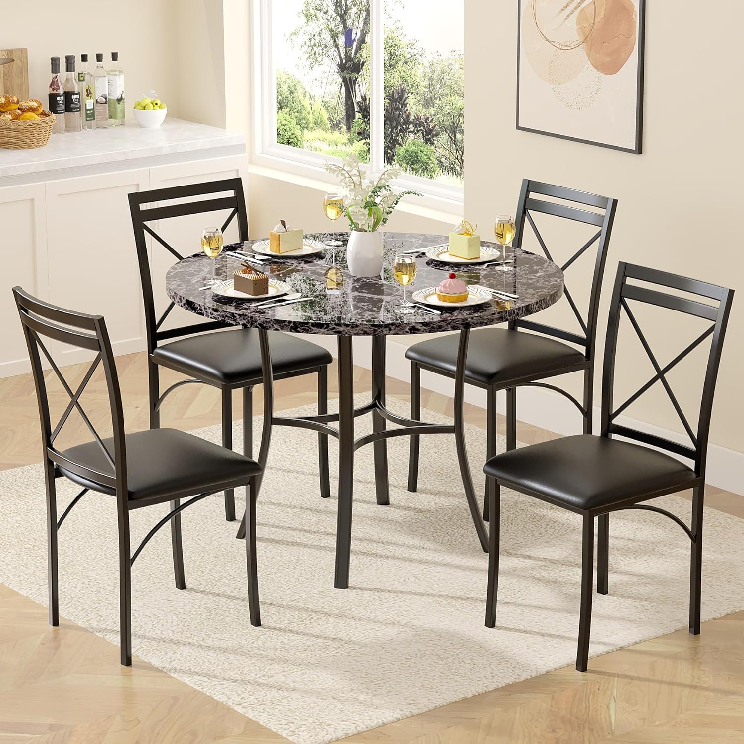 VECELO 36" Round Dining Table for 4, Faux Marble Dinette with Metal Frame for Kitchen - VECELO