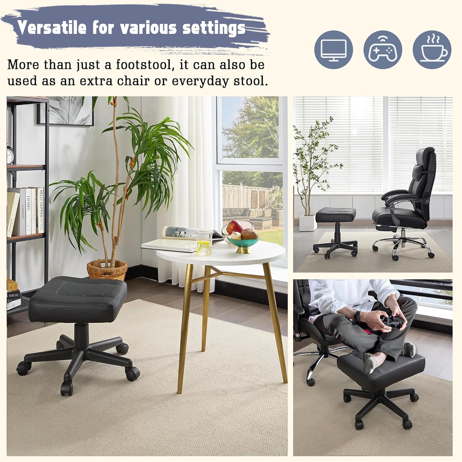 VECELO Under Desk Footrest, PU Ergonomic Foot Rest with Wheels