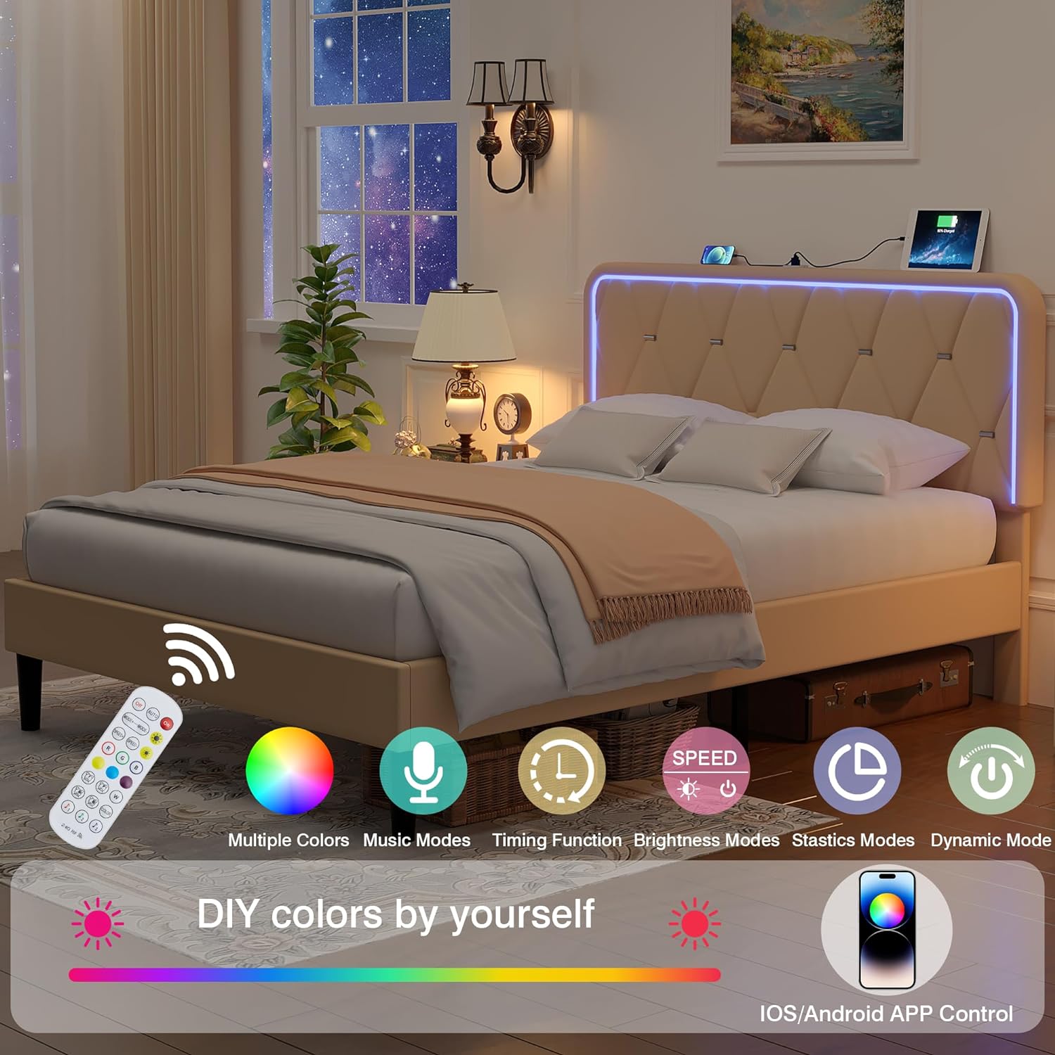 VECELO Upholstered Bed Frame with LED Lights, Charging Station, Velvet Platform Bed